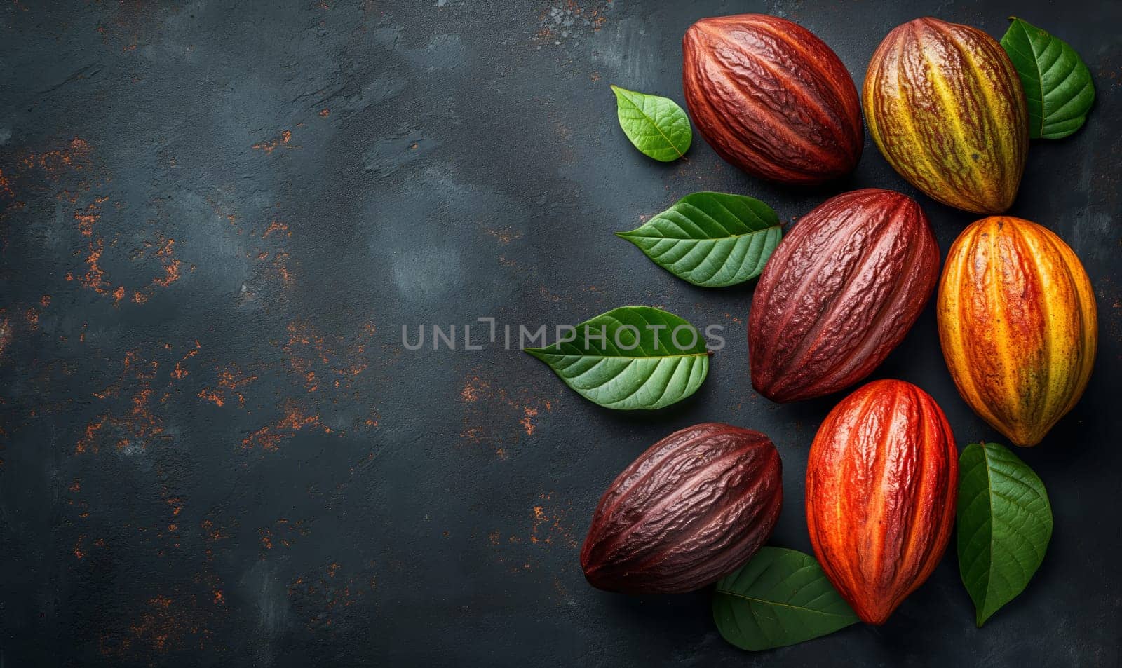 Cocoa fruits on a dark background. Selective soft focus.