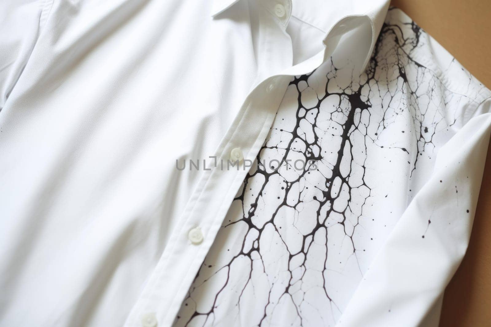 Frustrating Pen and stain of black ink on white shirt. Generate AI by ylivdesign