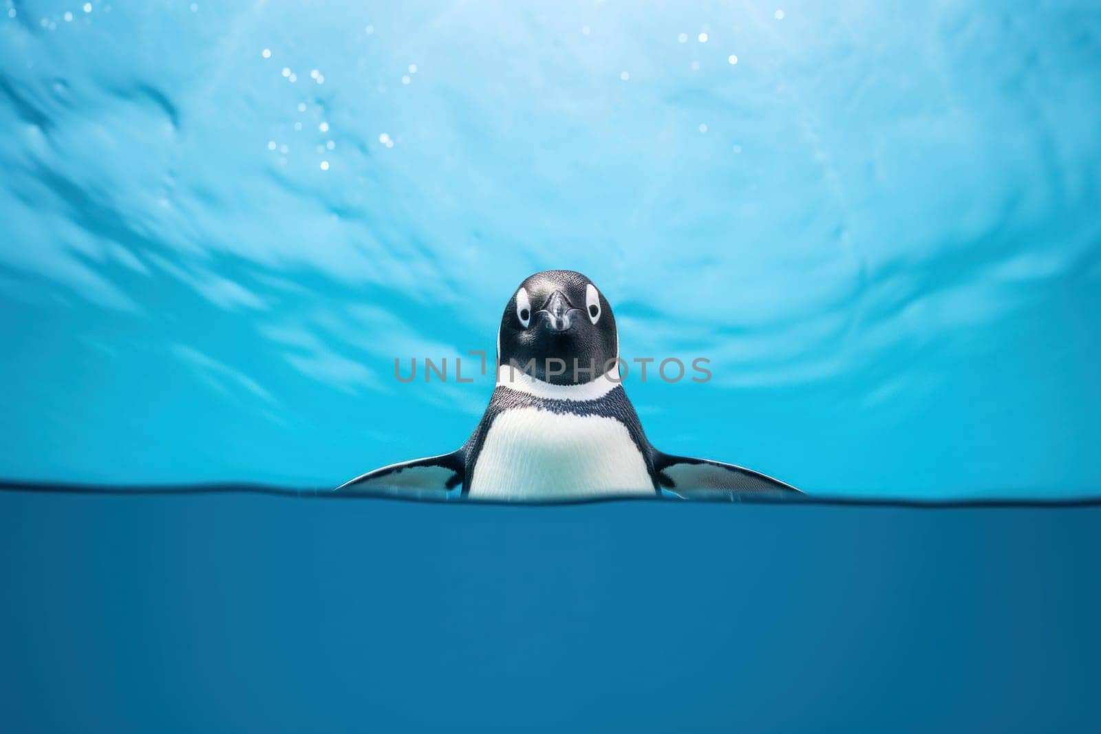 Picturesque Penguin blue background. Water sea beach. Generate Ai