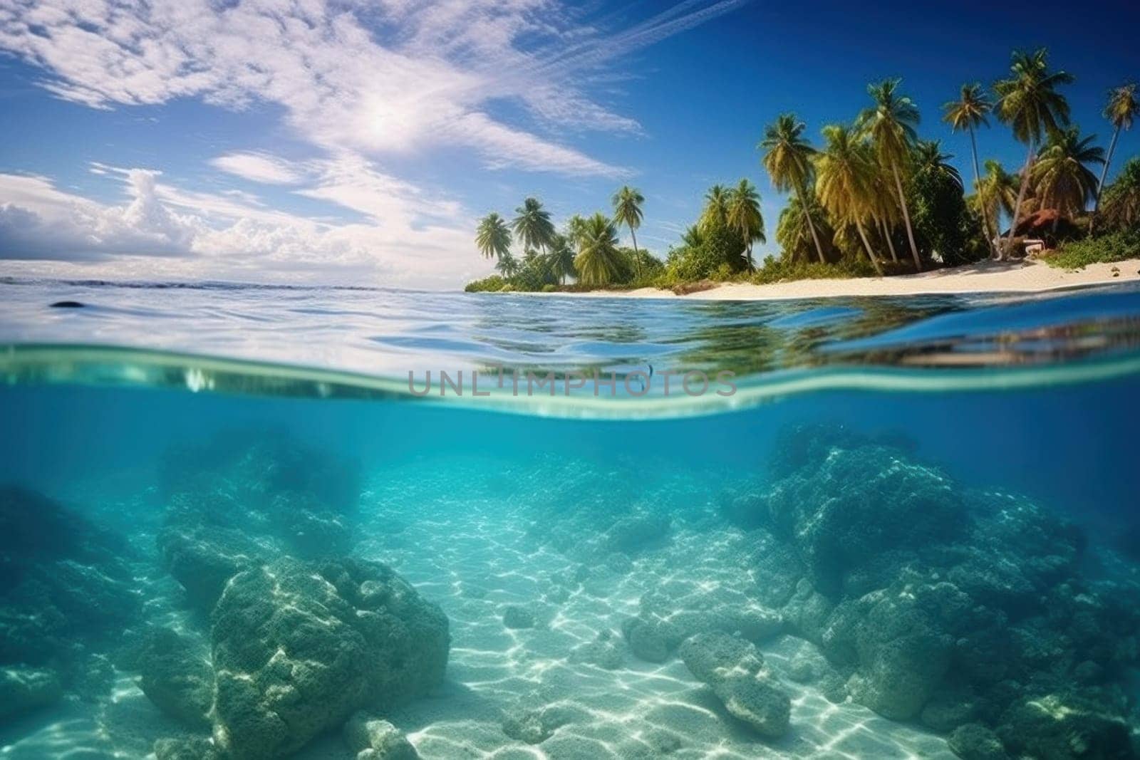 Panoramic Caribbean sea view. Lagoon bay island. Generate Ai