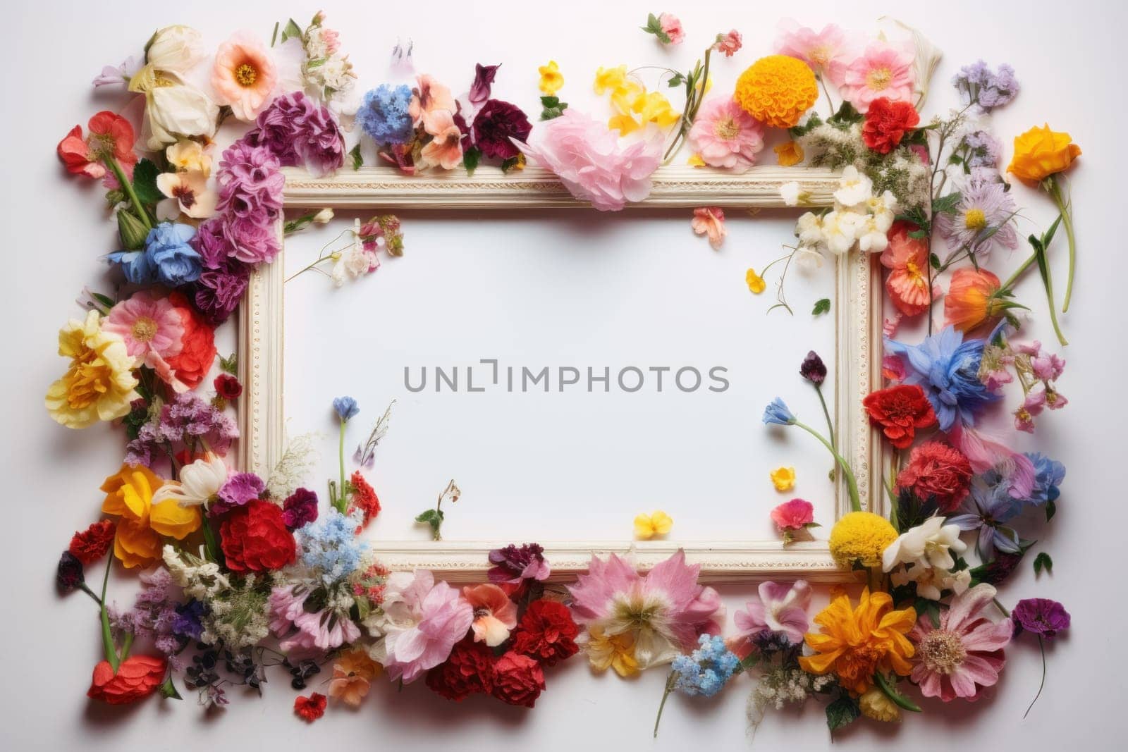 Picturesque Photo frame wild flowers. Art flowers leaf. Generate Ai