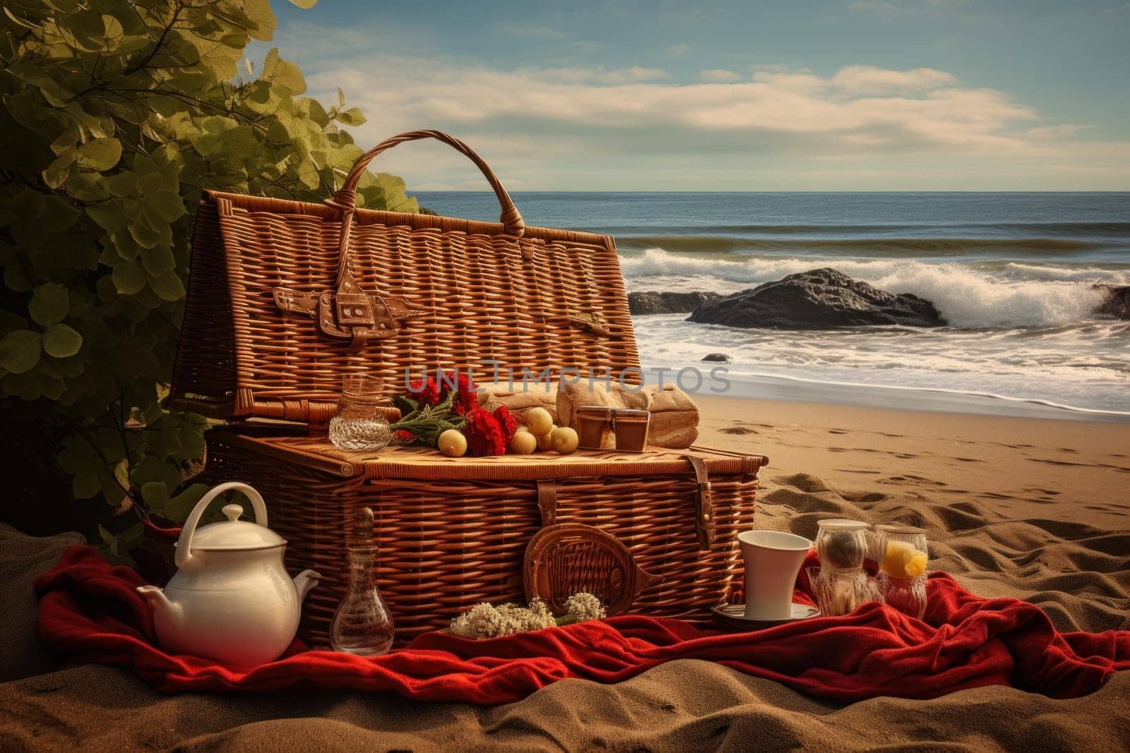 Charming Picnic basket beach. Sky party summer. Generate Ai
