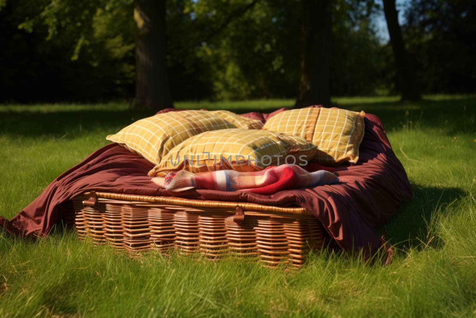 Grassy Picnic basket outdoor park. Grass spring. Generate Ai