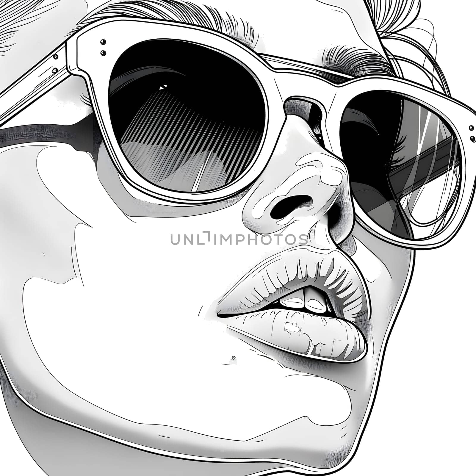 a black and white drawing of a woman wearing sunglasses by Nadtochiy