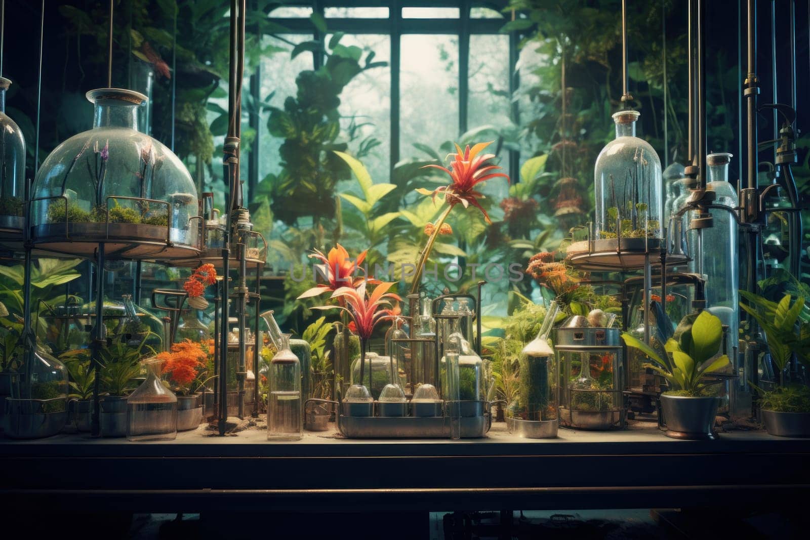 Meticulous Laboratory biology plants test. Organic glass. Generate Ai