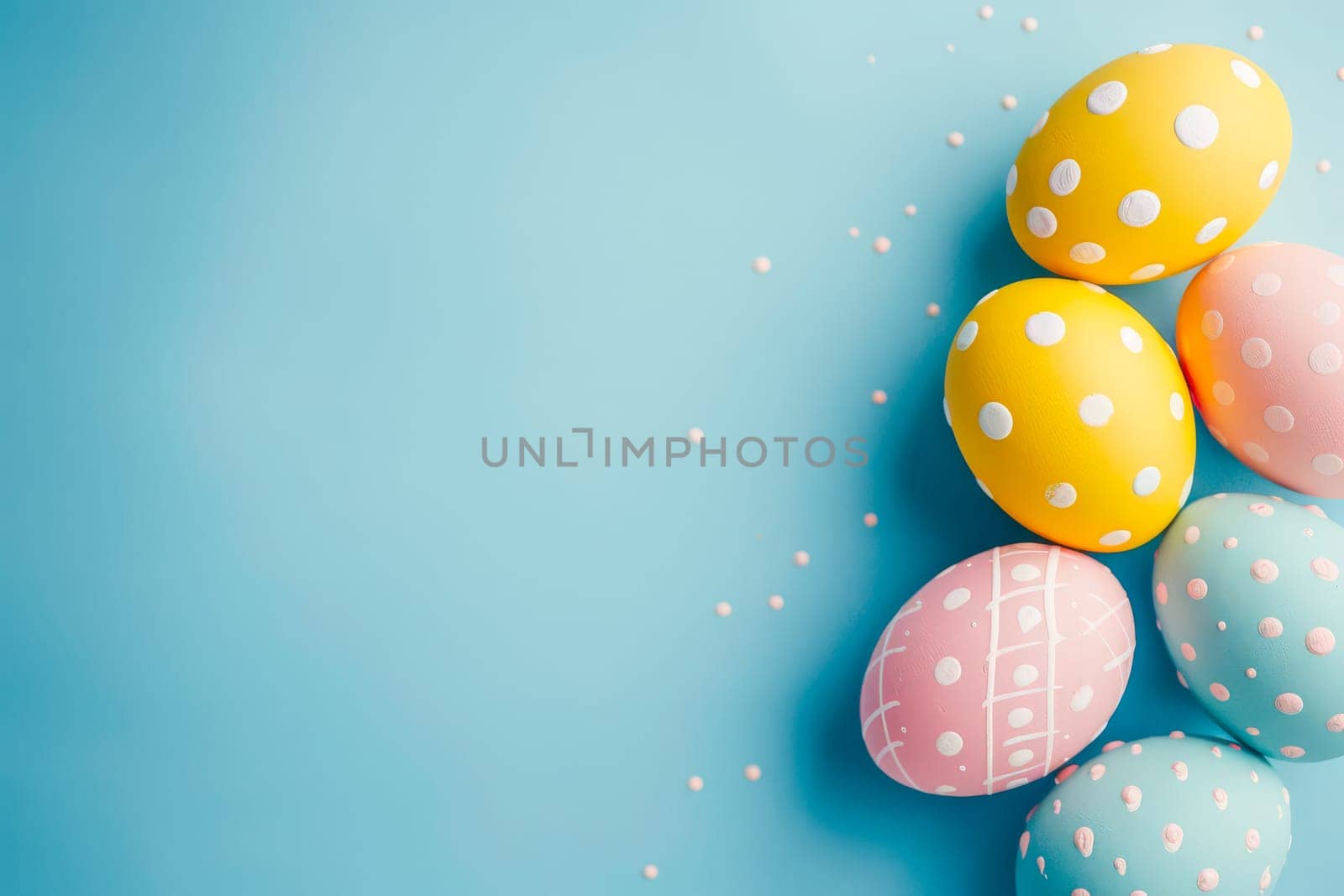 Various colorful Easter eggs are arranged on a blue surface.