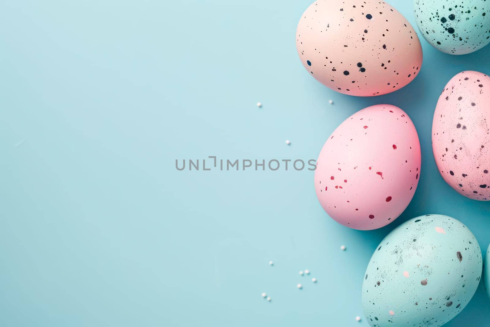 A cluster of Easter speckled eggs set against a vibrant blue background.