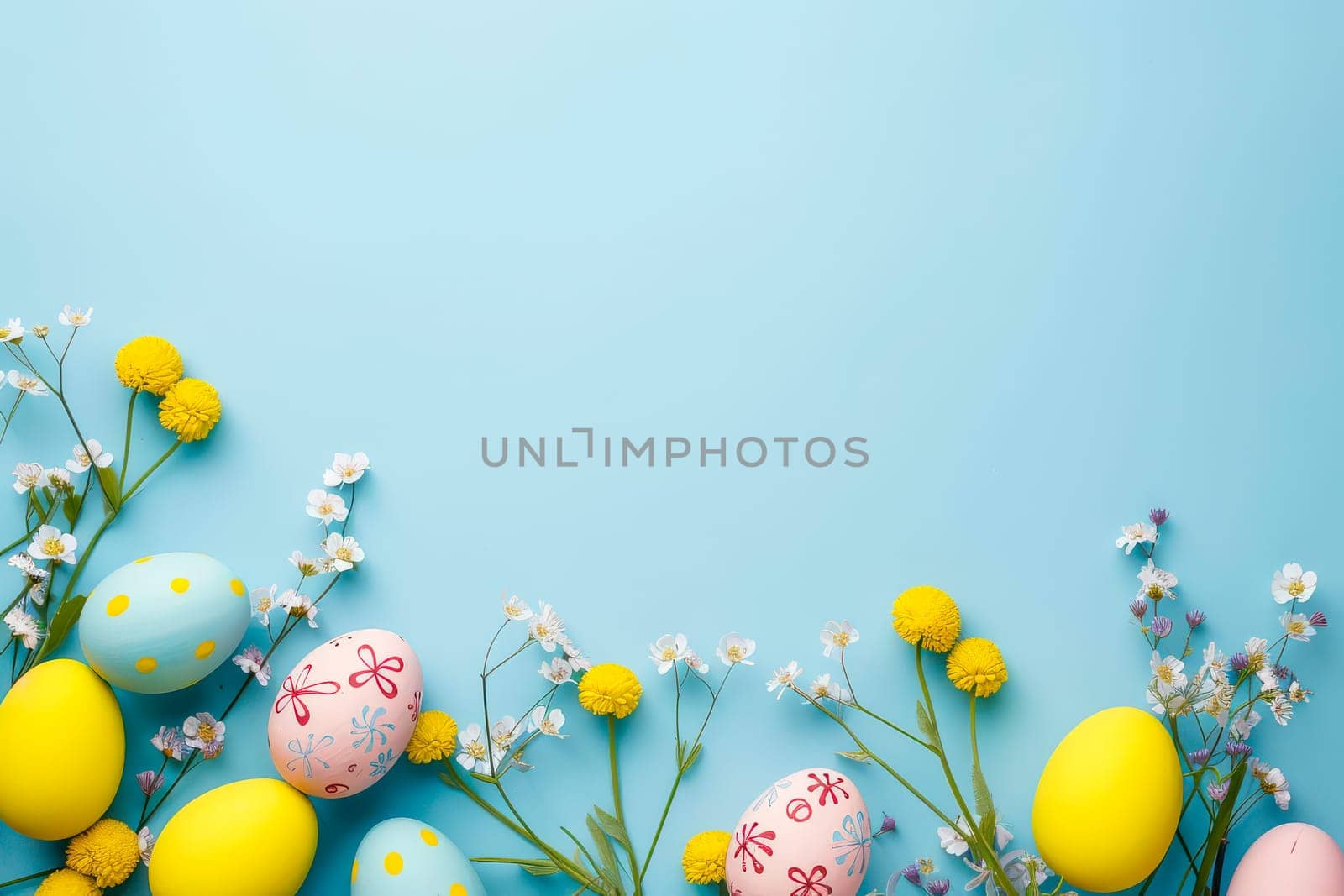 Colorful Easter eggs and flowers displayed on a vibrant blue background.