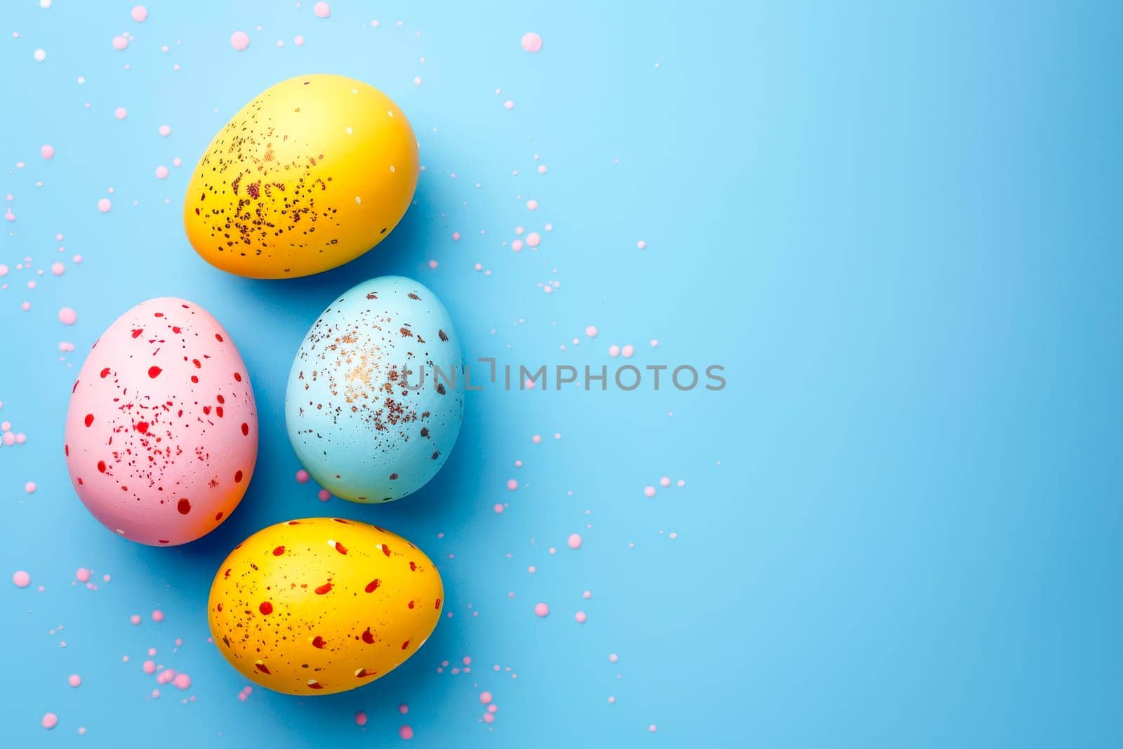 Colorful Easter eggs resting on a blue background.