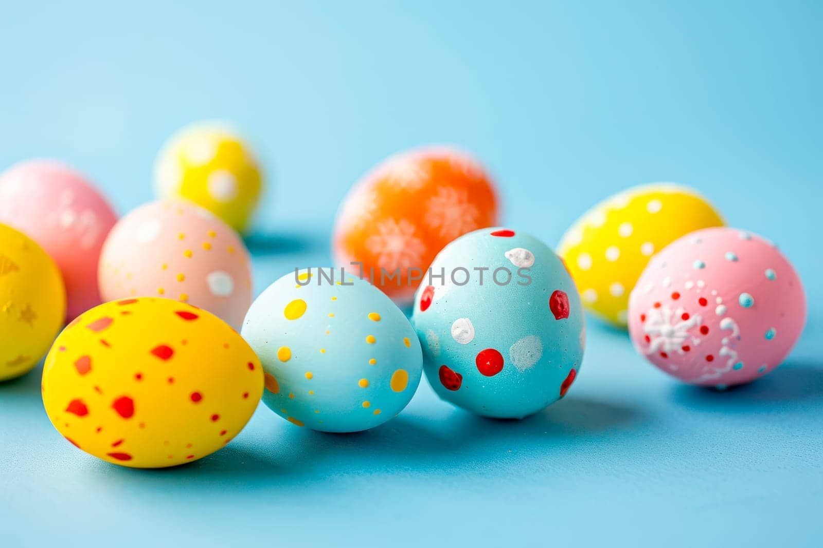 Several colorful Easter eggs with painted designs arranged neatly on a blue surface.