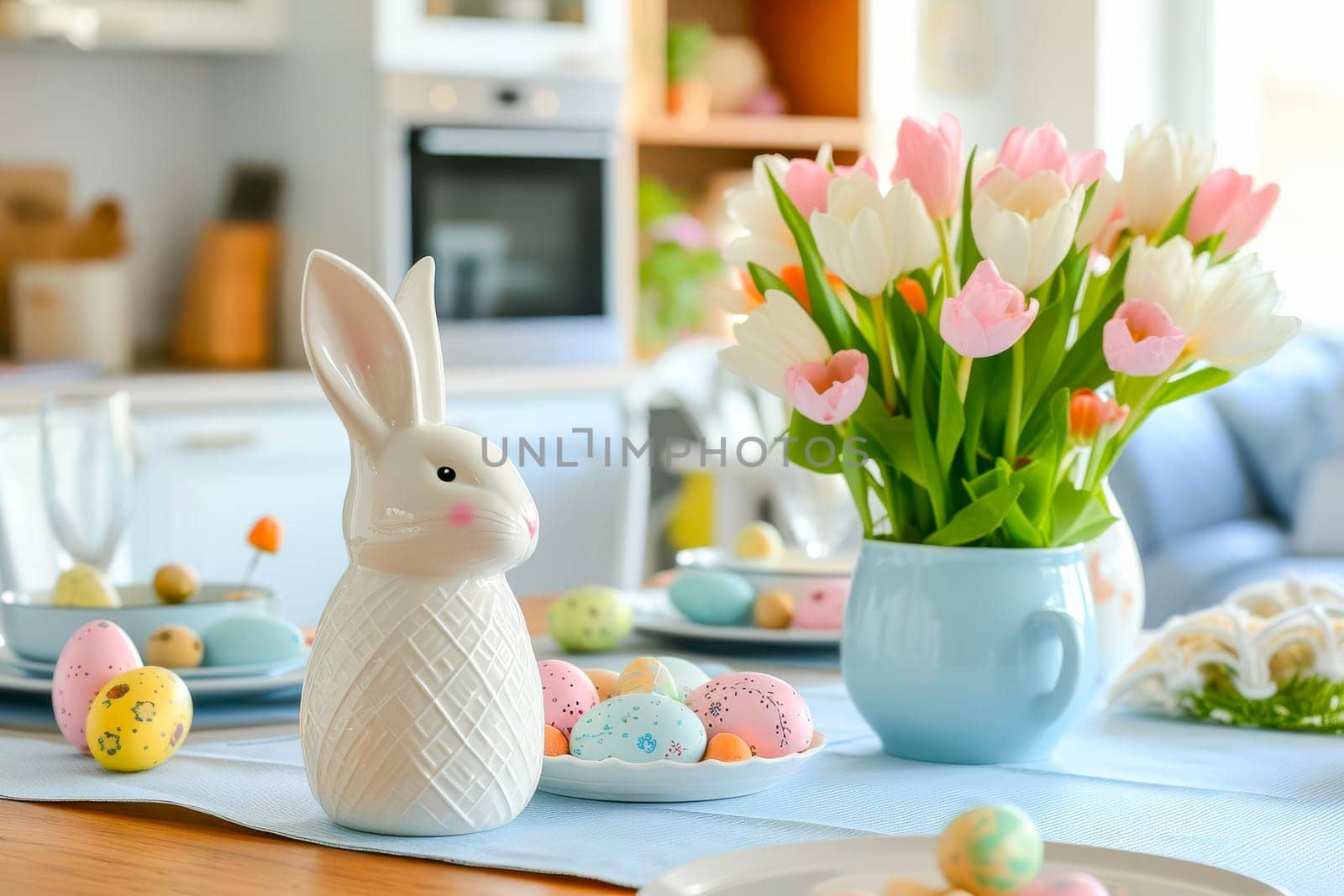 A table adorned with a vase filled with pink and white flowers, perfect for Easter decoration in the kitchen.