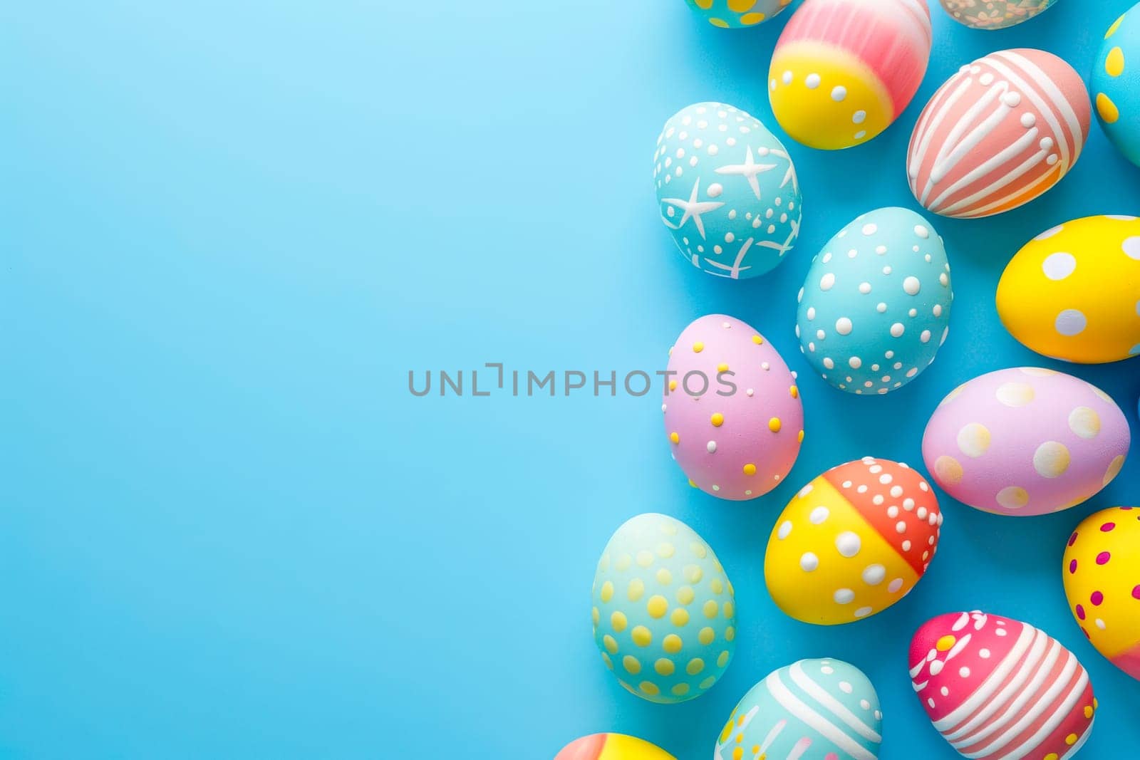A collection of vibrant Easter eggs in various colors arranged on a blue background.