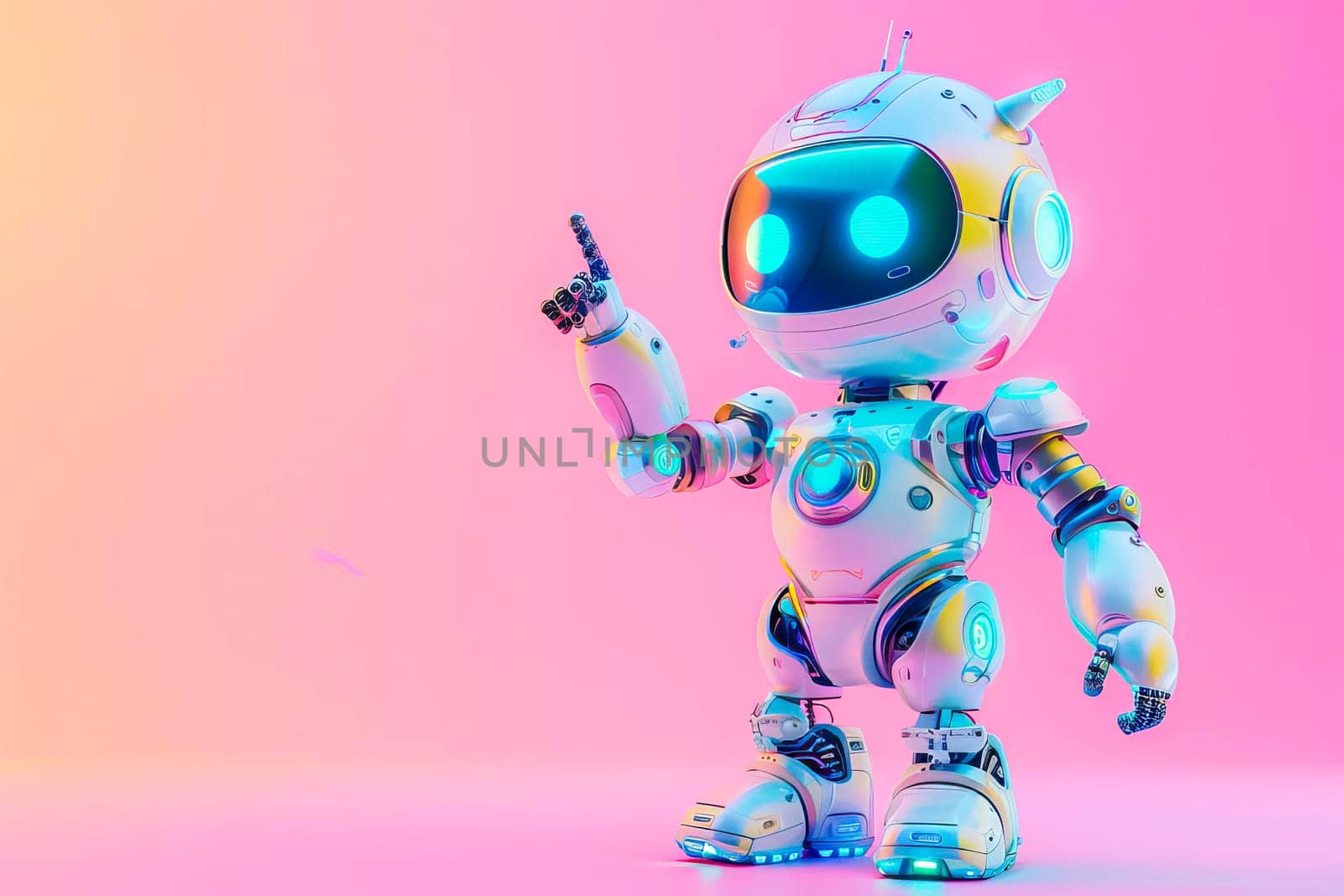 A robot holding a gun and pointing at something in the distance.