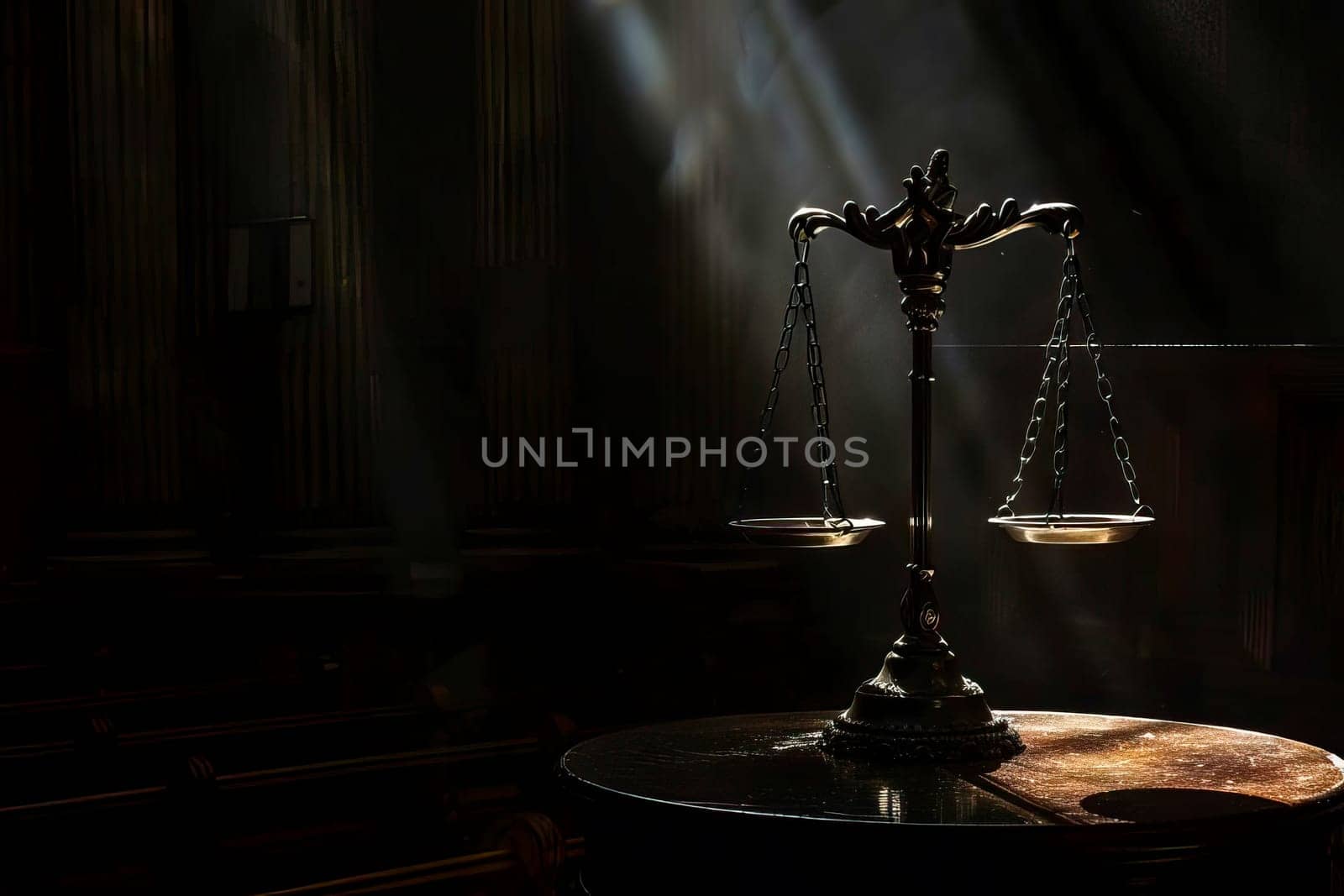 A dark room with a prominently displayed scale of justice on a table, symbolizing fairness and law.