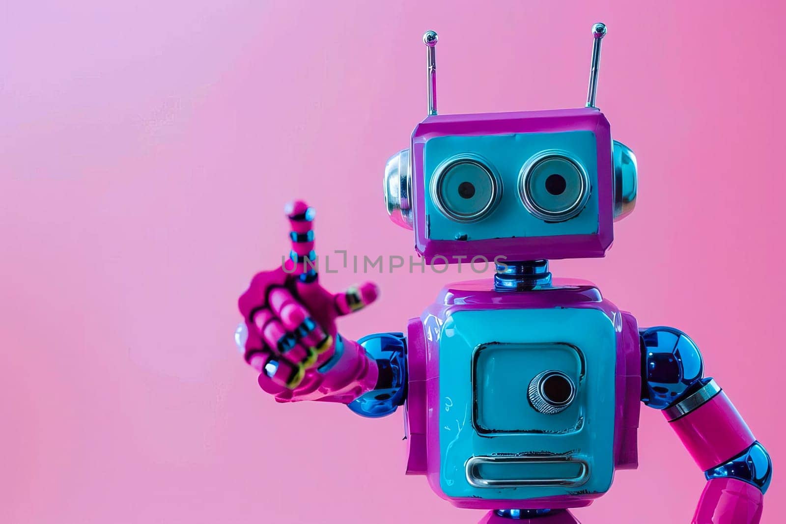 A colorful robot with pink and blue hues is pointing at something