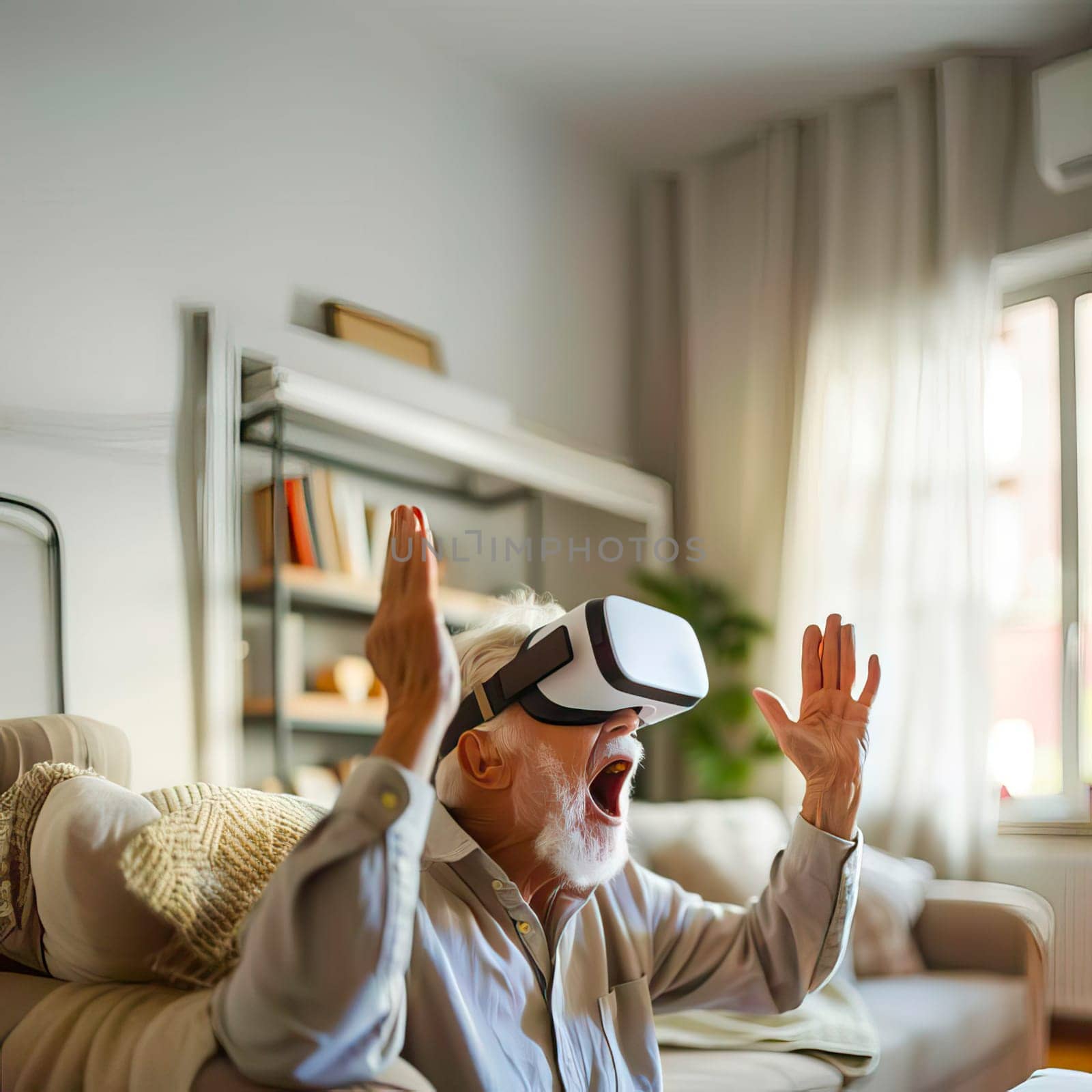 An older man is engaged in virtual reality, yelling while experiencing the digital environment through a headset.