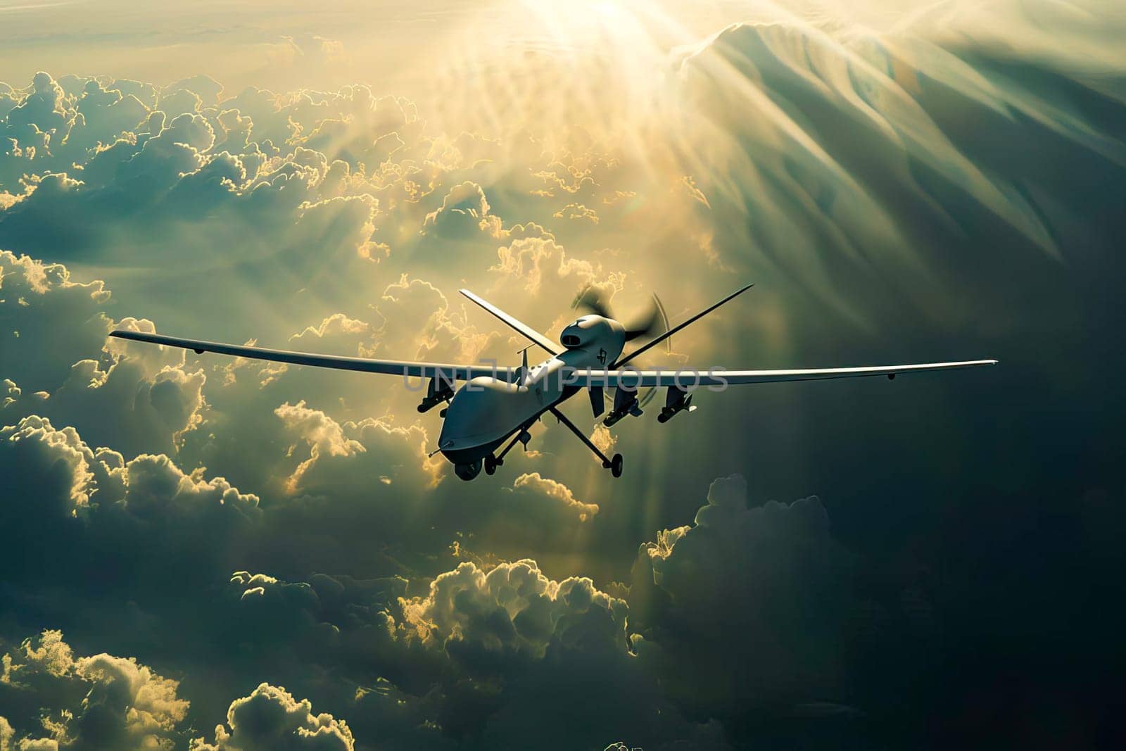 A military unmanned aerial vehicle soaring in the sky above fluffy clouds.