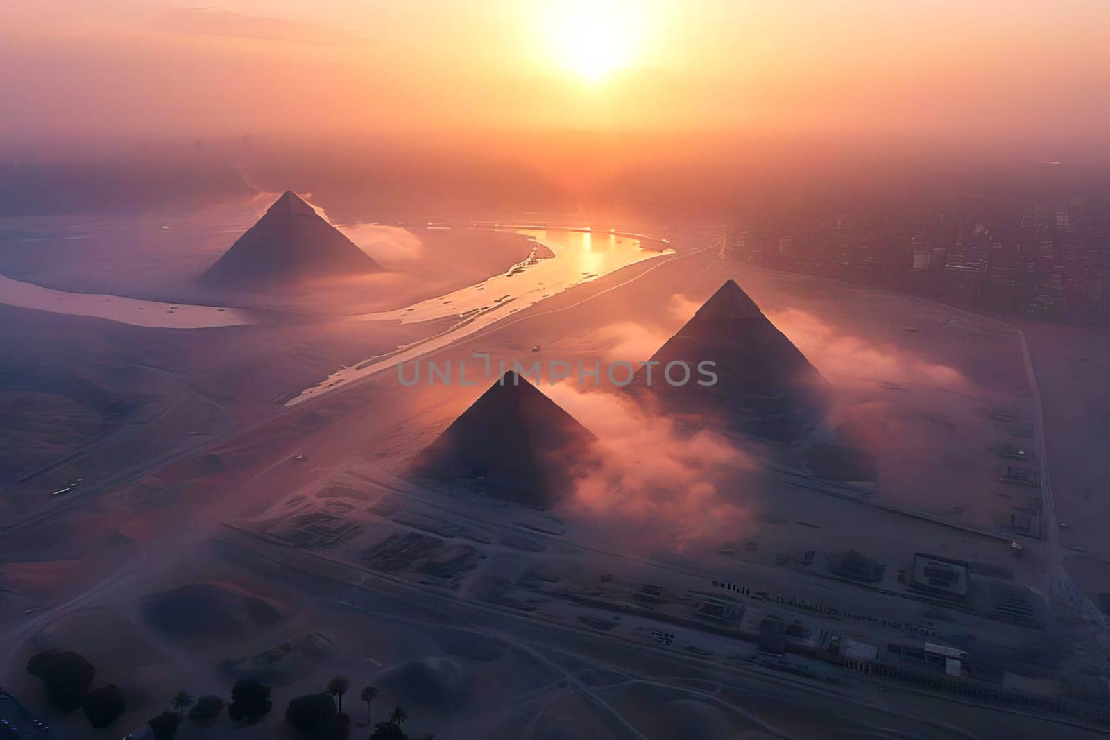 The sun rises over the iconic Egyptian pyramids at Giza, casting a warm glow over the ancient structures.