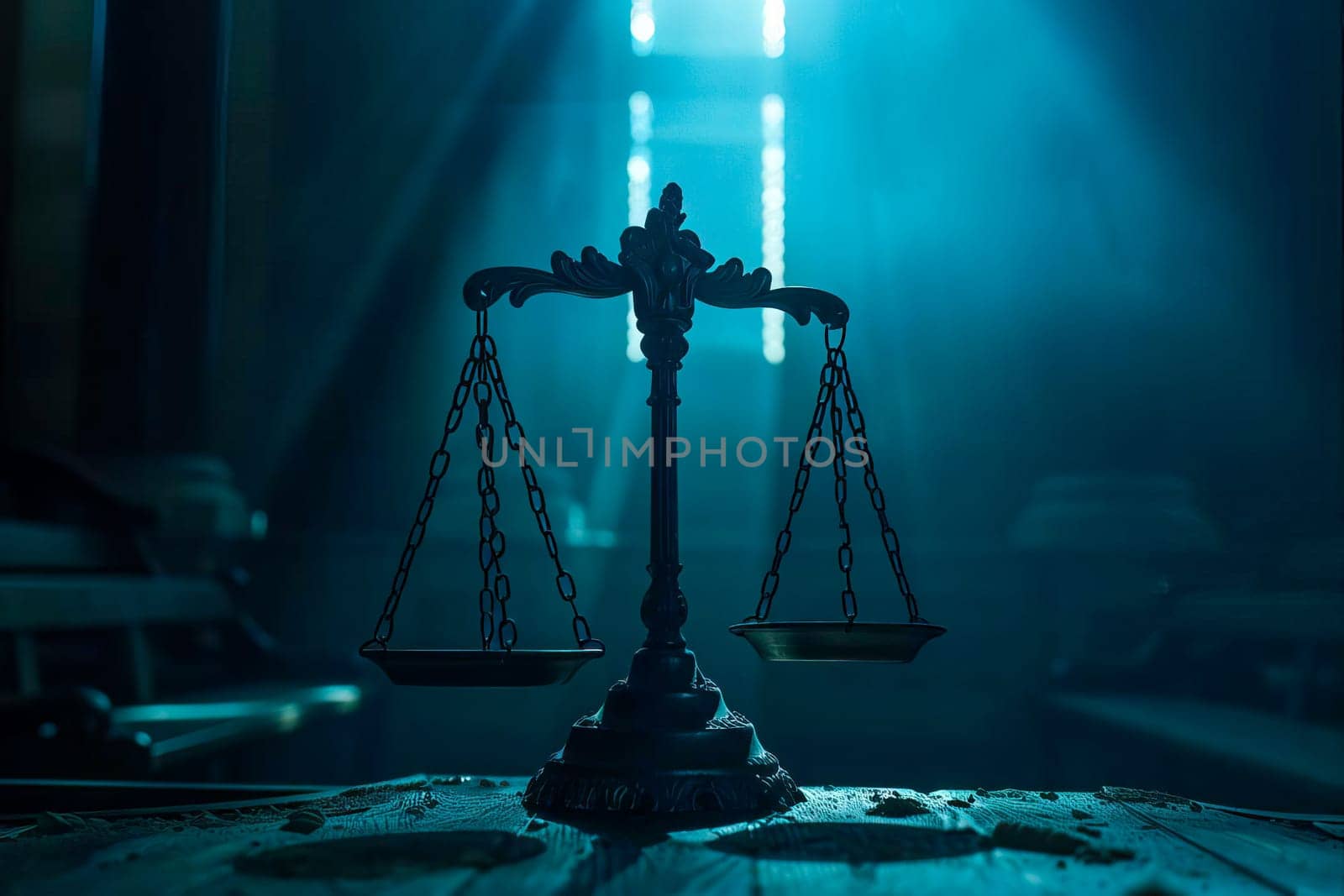 A scale of justice sits on a wooden table in a dark court hall.