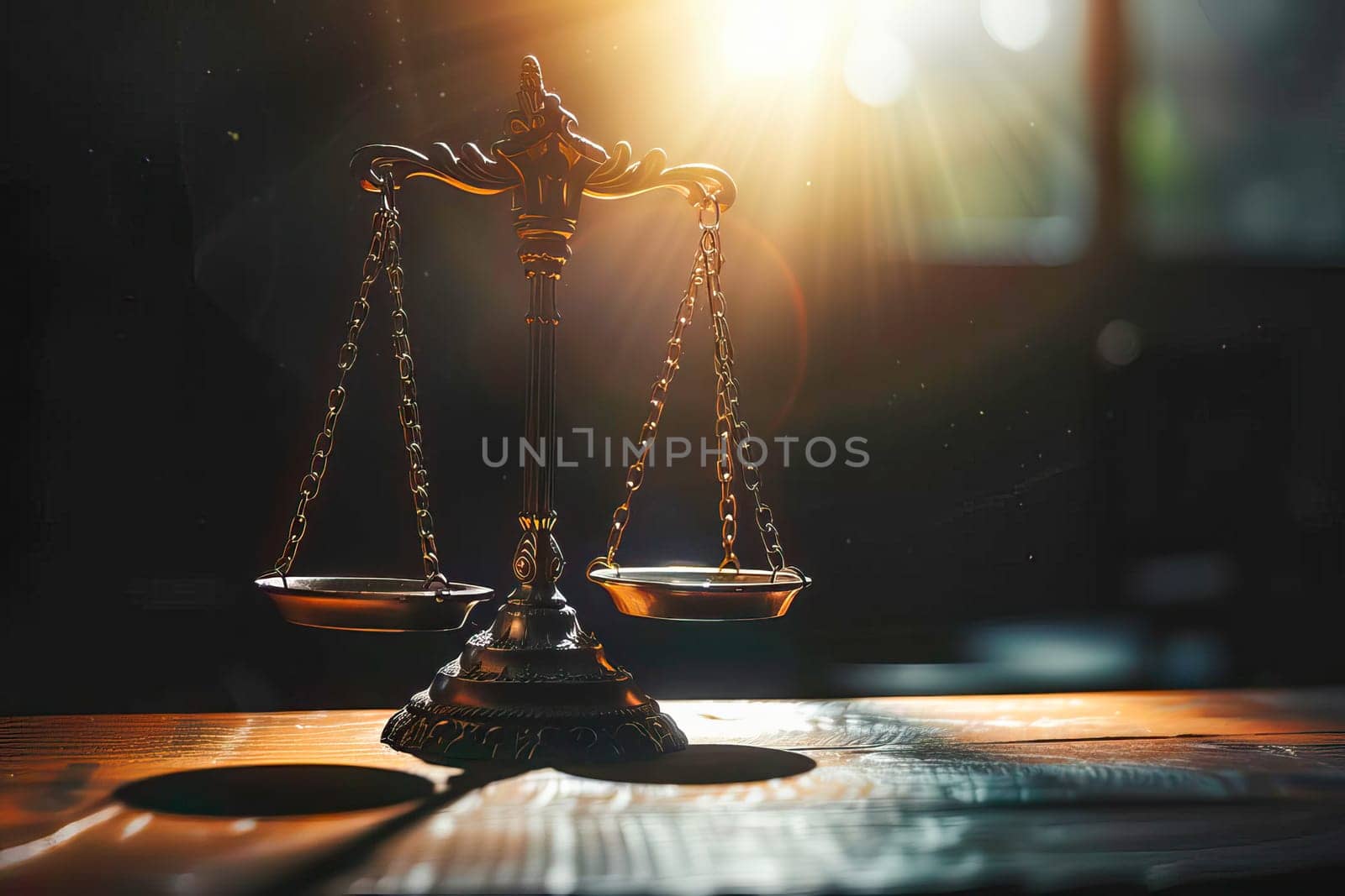 A wooden table displaying a golden scale, representing balance and justice.