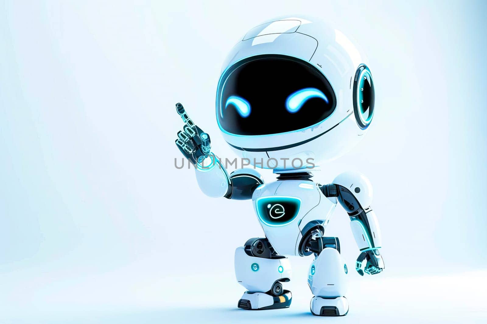 A cute robot is pointing at something