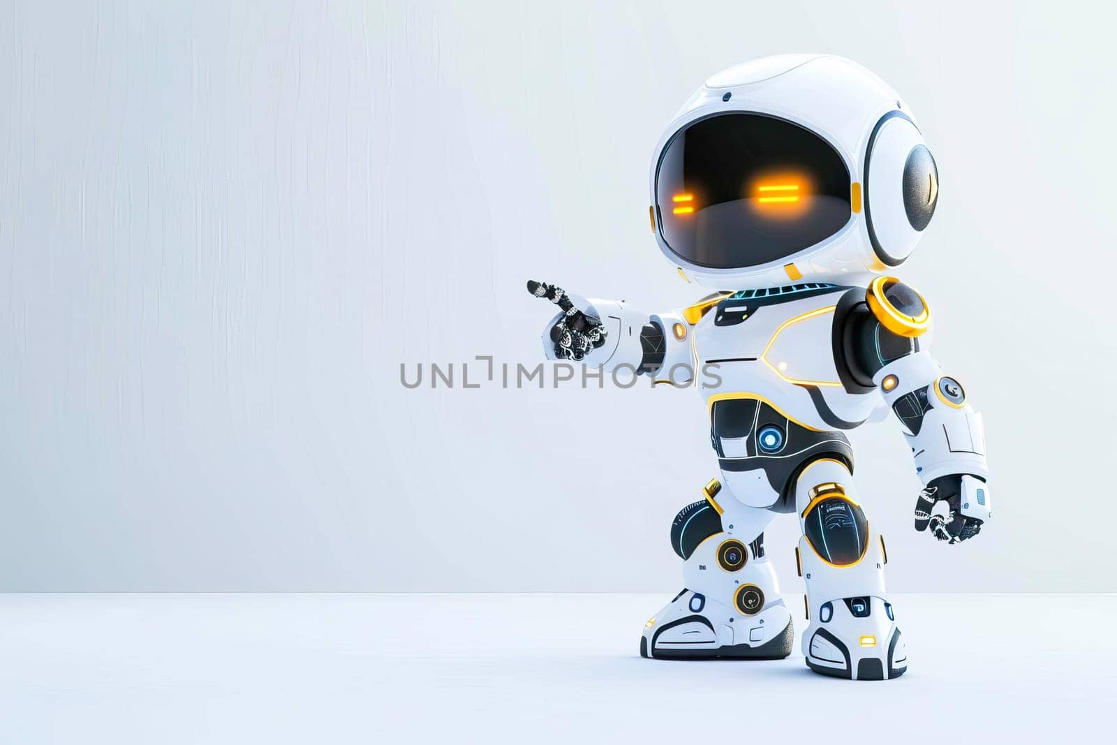A white robot with yellow eyes pointing at something, its robotic arm extended towards the target by vladimka