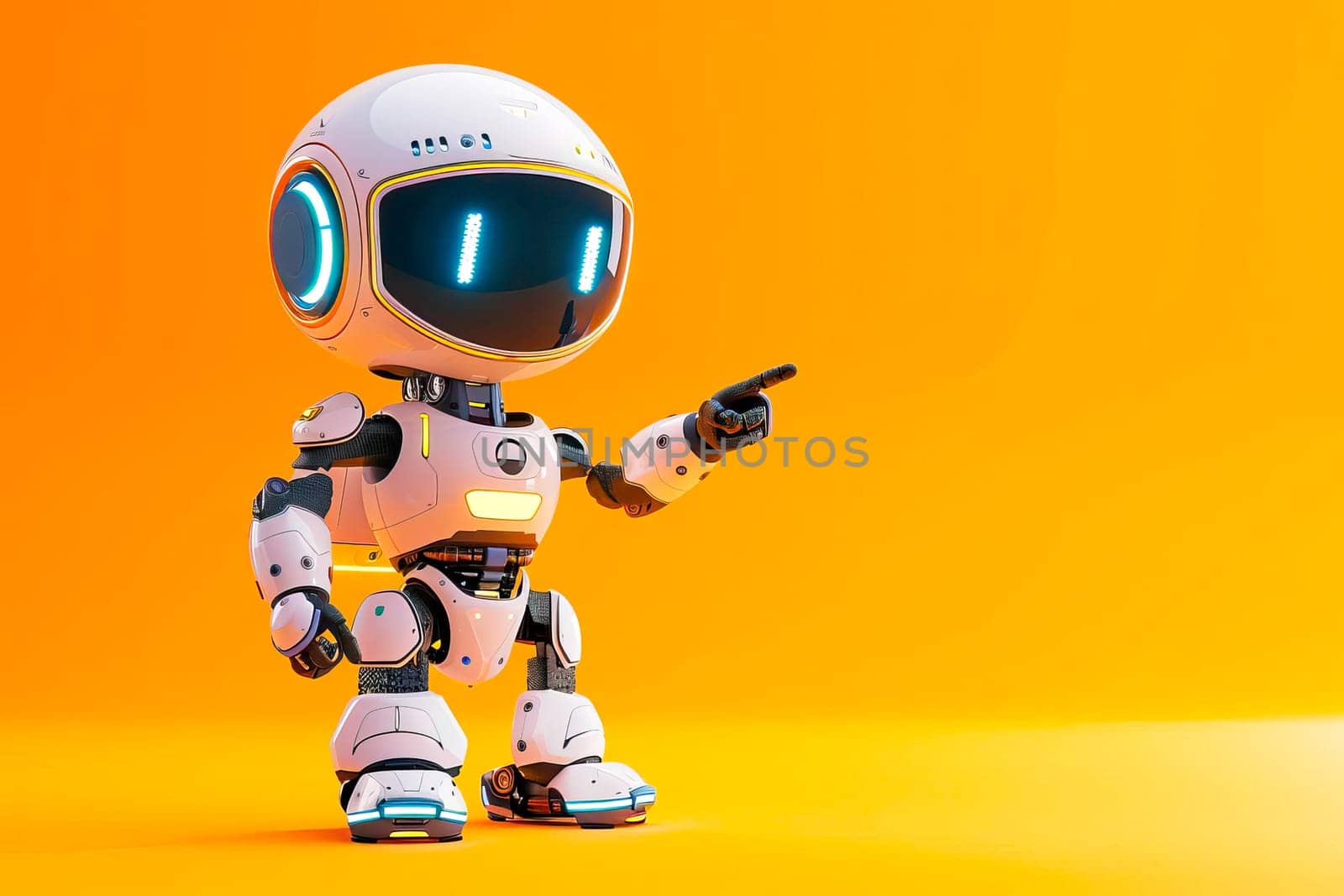 Adorable robot pointing at an object with a bright yellow background. by vladimka