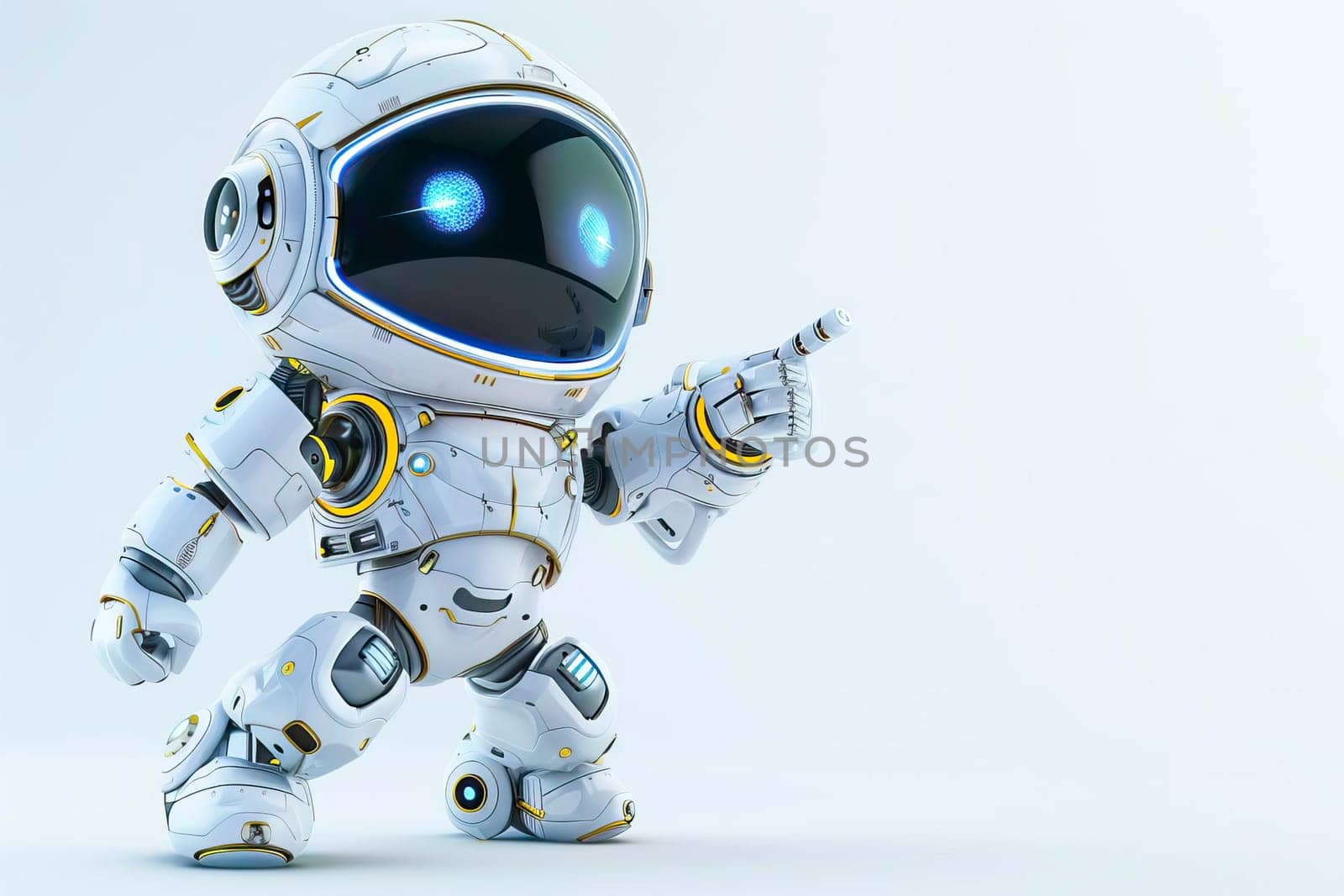 A white robot in action, pointing at something with a sleek design and futuristic appearance. by vladimka