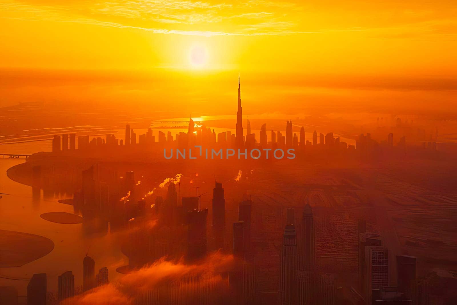 The sun setting over a sprawling cityscape with tall buildings and lights coming on.