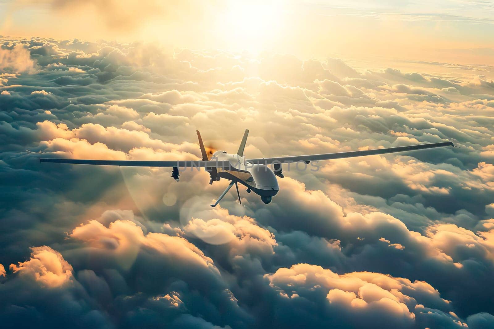 A military unmanned aerial vehicle flying high above thick clouds in the sky.