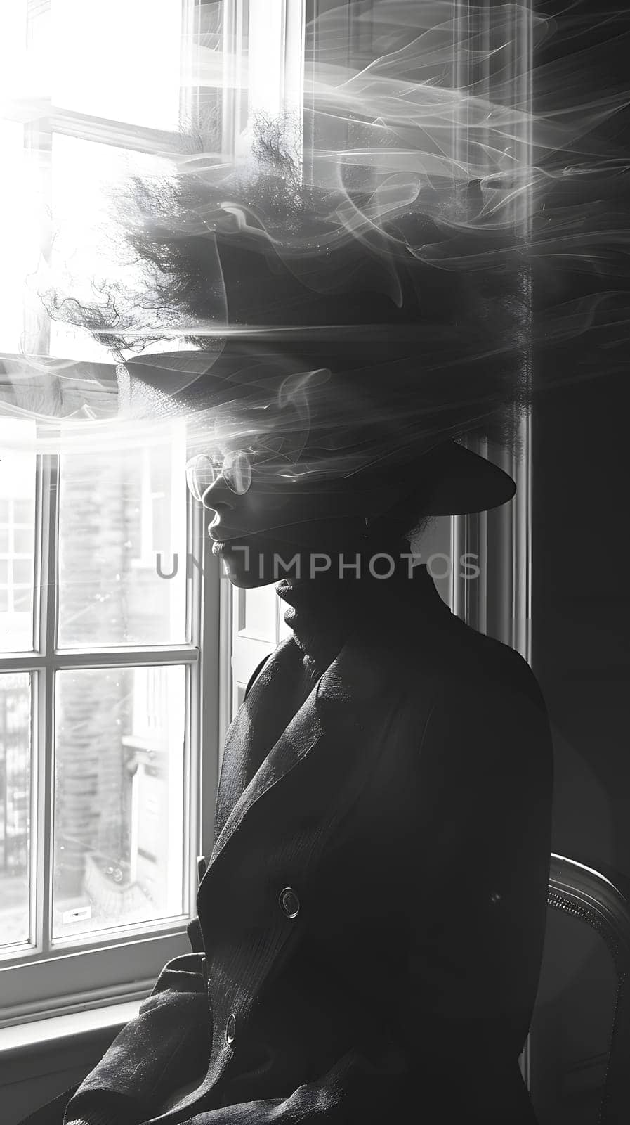 A monochrome photo of a woman in a hat sitting by a window, with a tree and building in the background. The glass reflects the plant