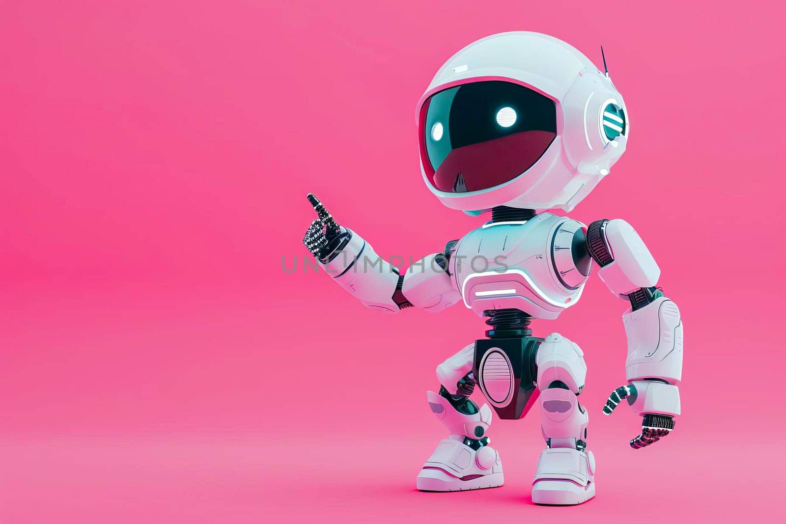 A white robot is pointing at something on a pink background. by vladimka