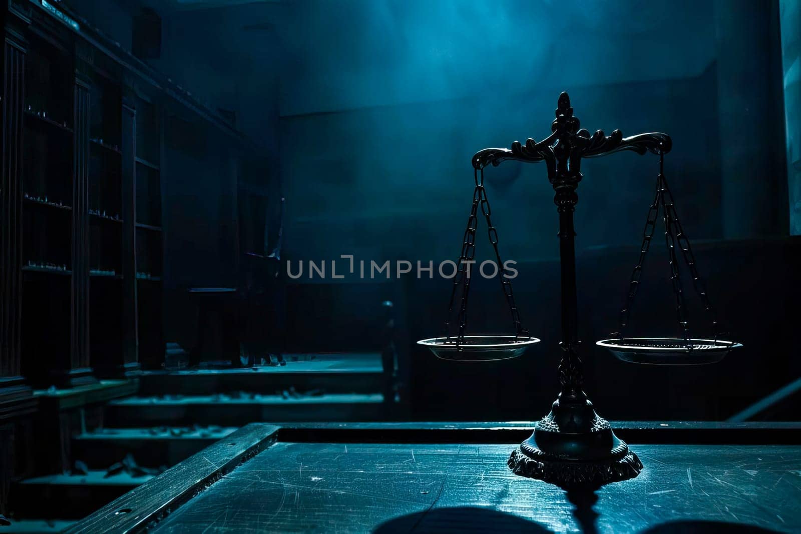 Scales of Justice resting on a wooden table in a dimly lit court hall.