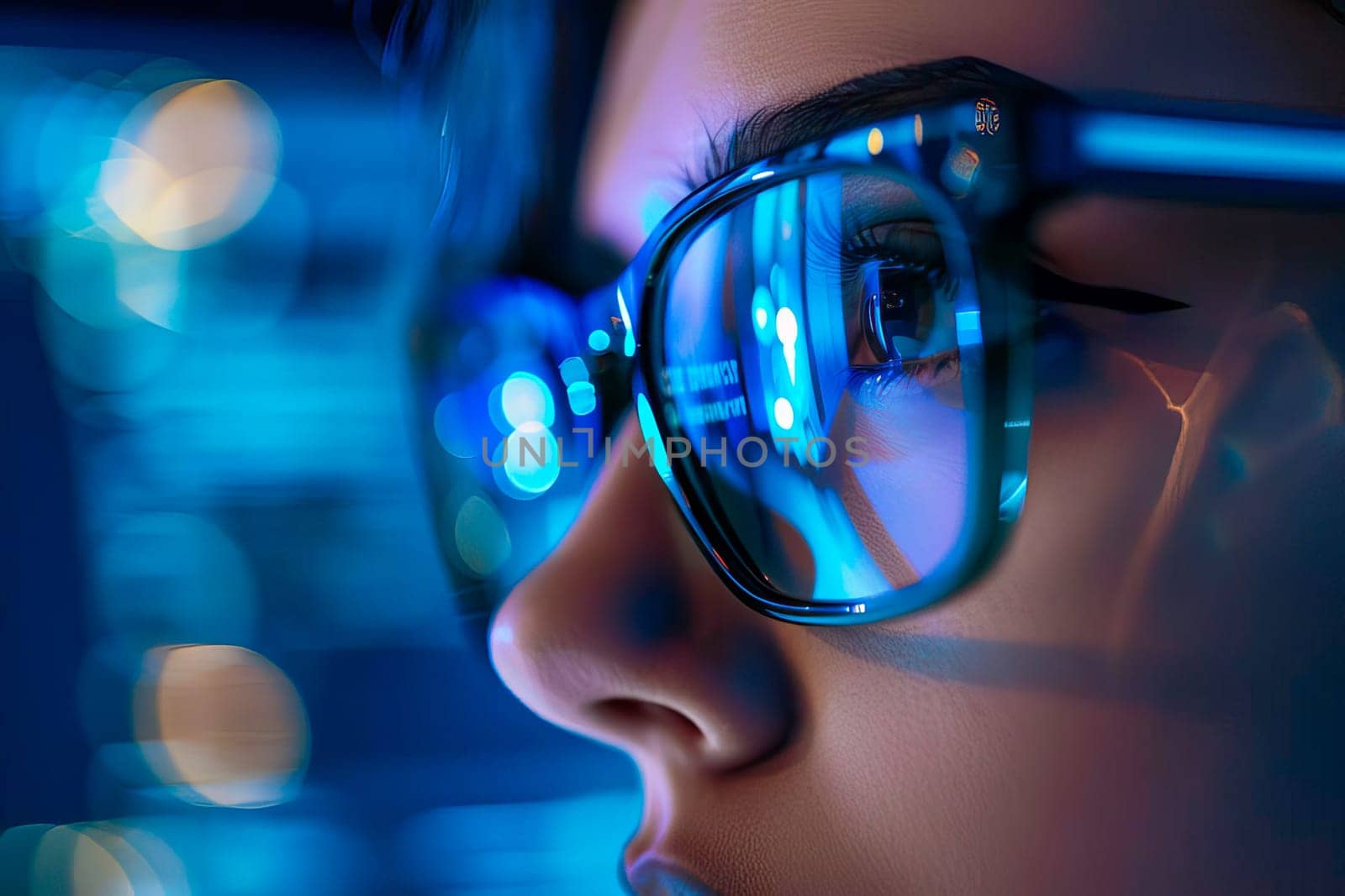 A detailed view of a persons eyes and glasses, with a computer monitor in the background.