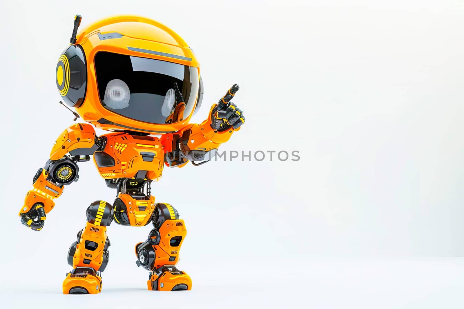 A cute orange robot is pointing at something