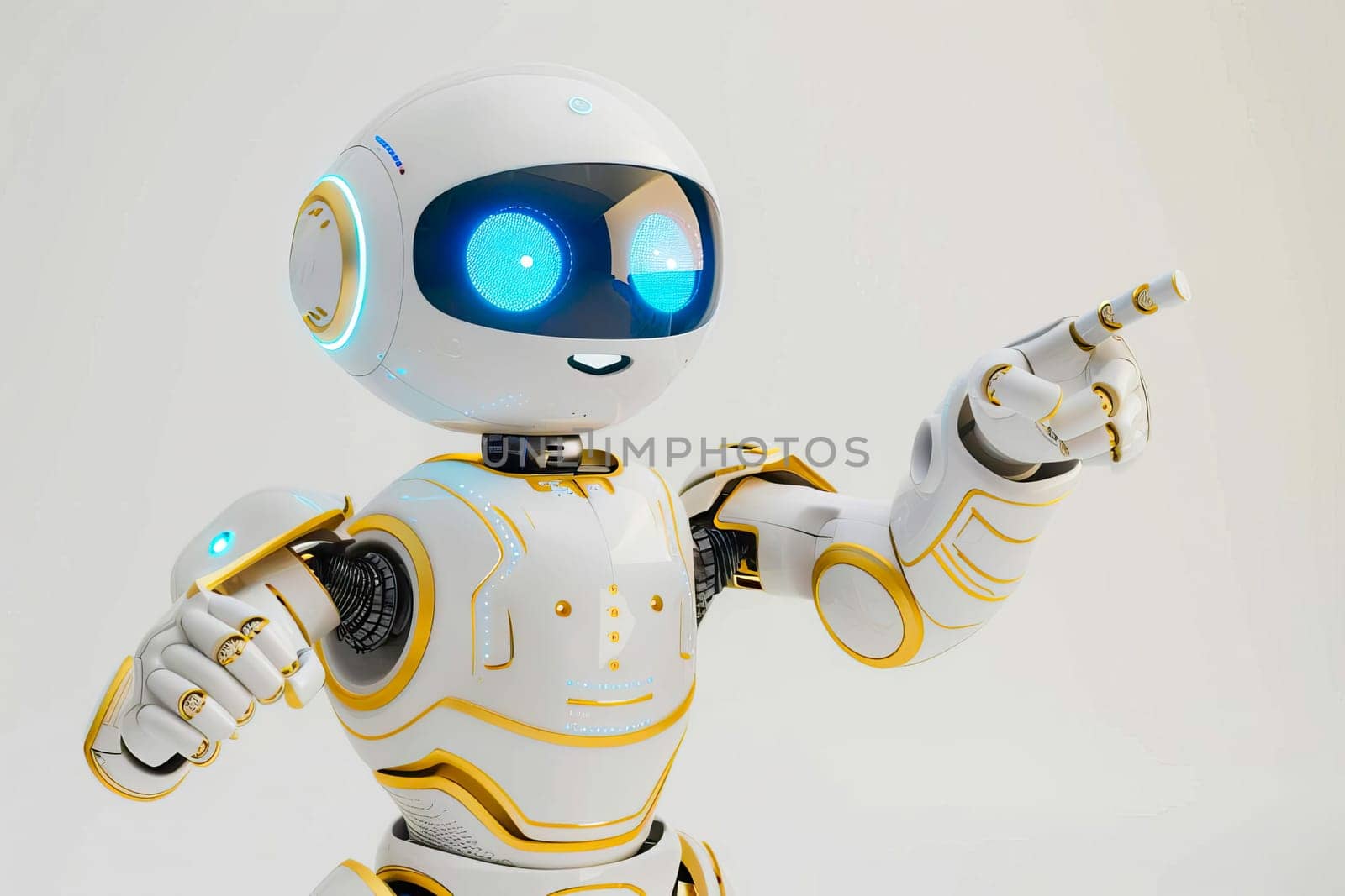 A white robot with blue eyes pointing at something.