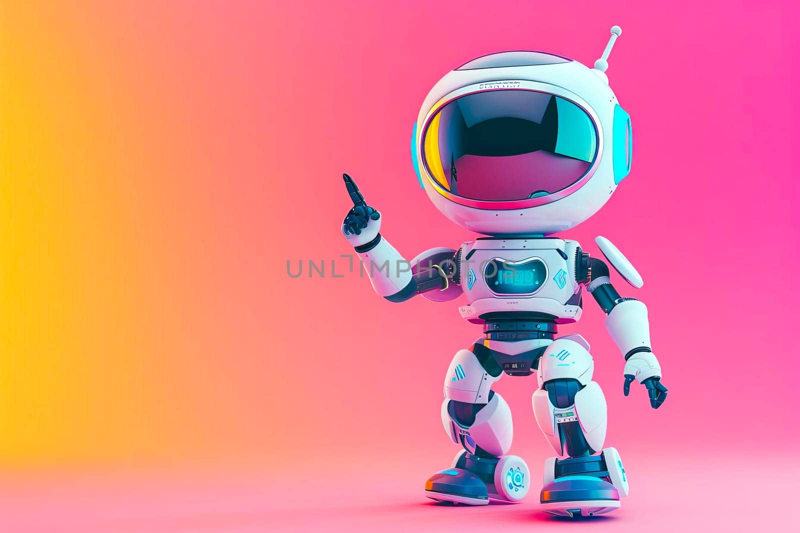Bright white robot with cute appearance against a vibrant pink and yellow backdrop. by vladimka