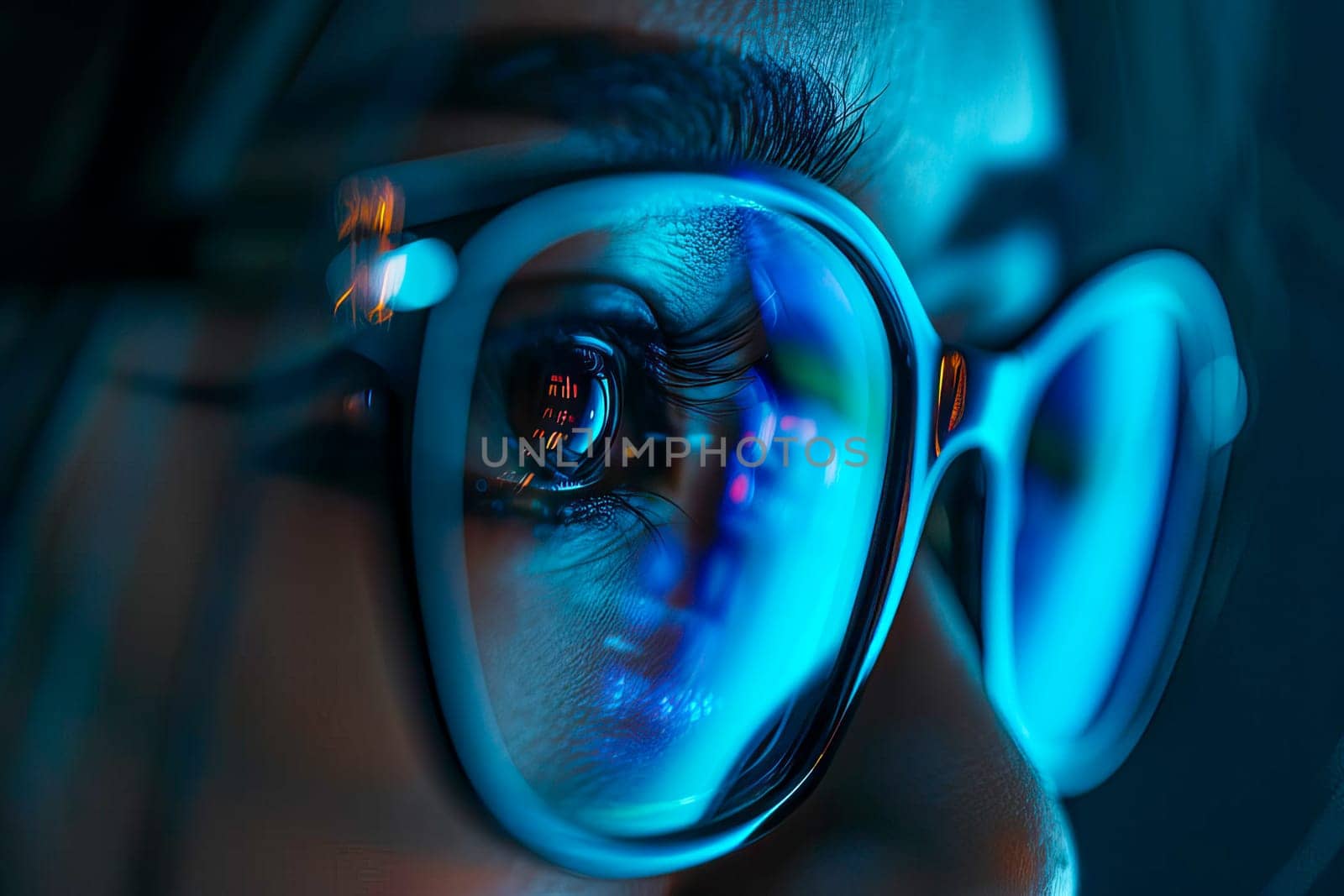 Detailed view of a persons face wearing glasses, with a computer monitor behind by vladimka