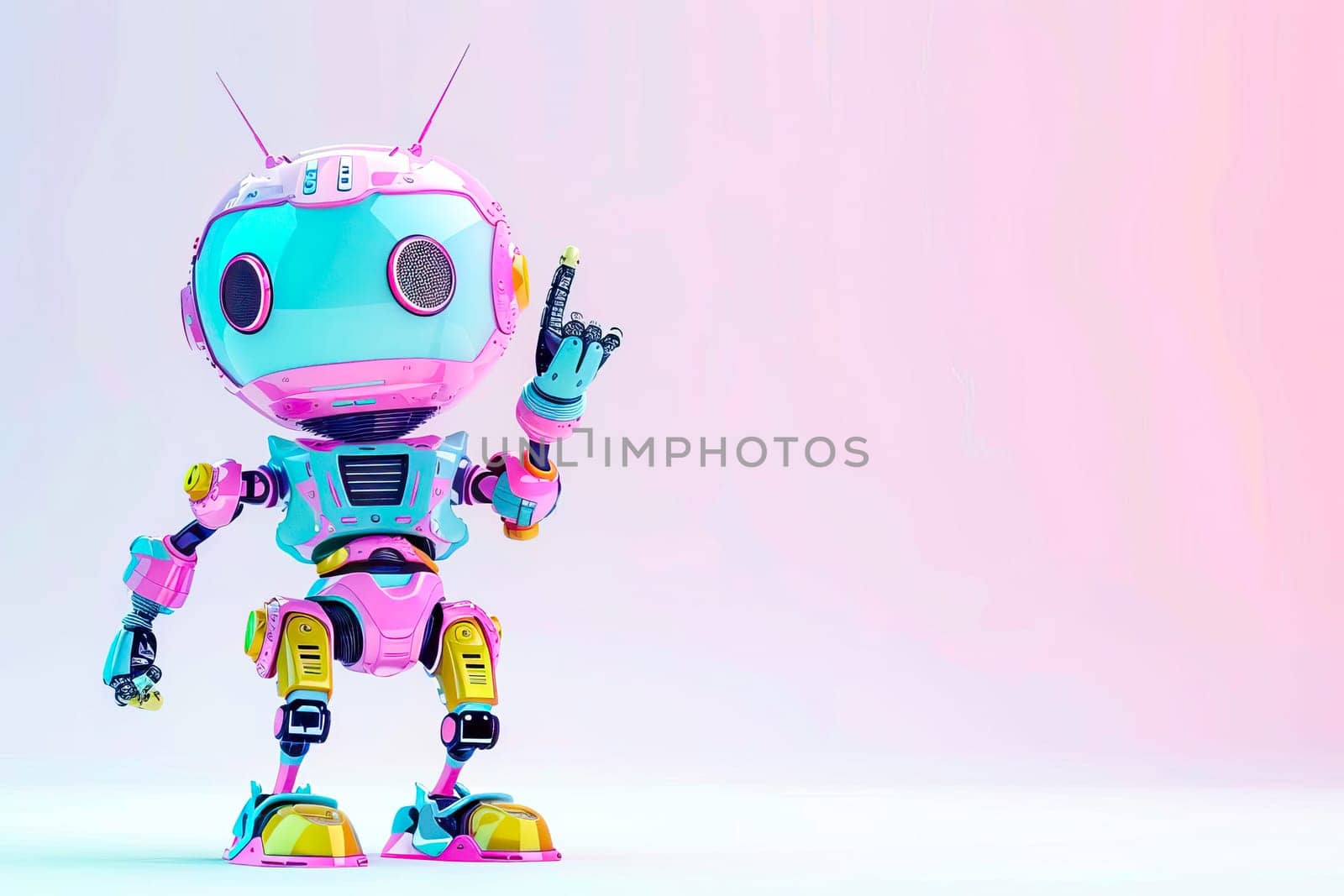 Adorable robot in shades of blue and pink is pointing at something by vladimka