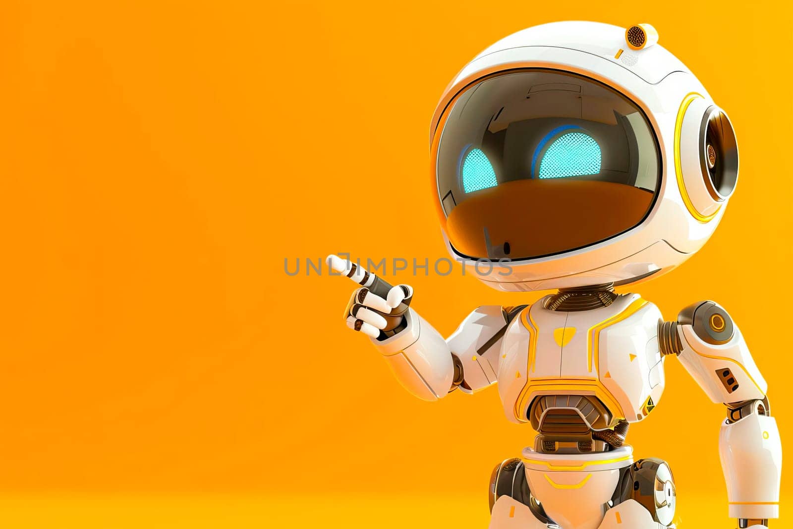A cute robot points at something on a bright yellow background. by vladimka