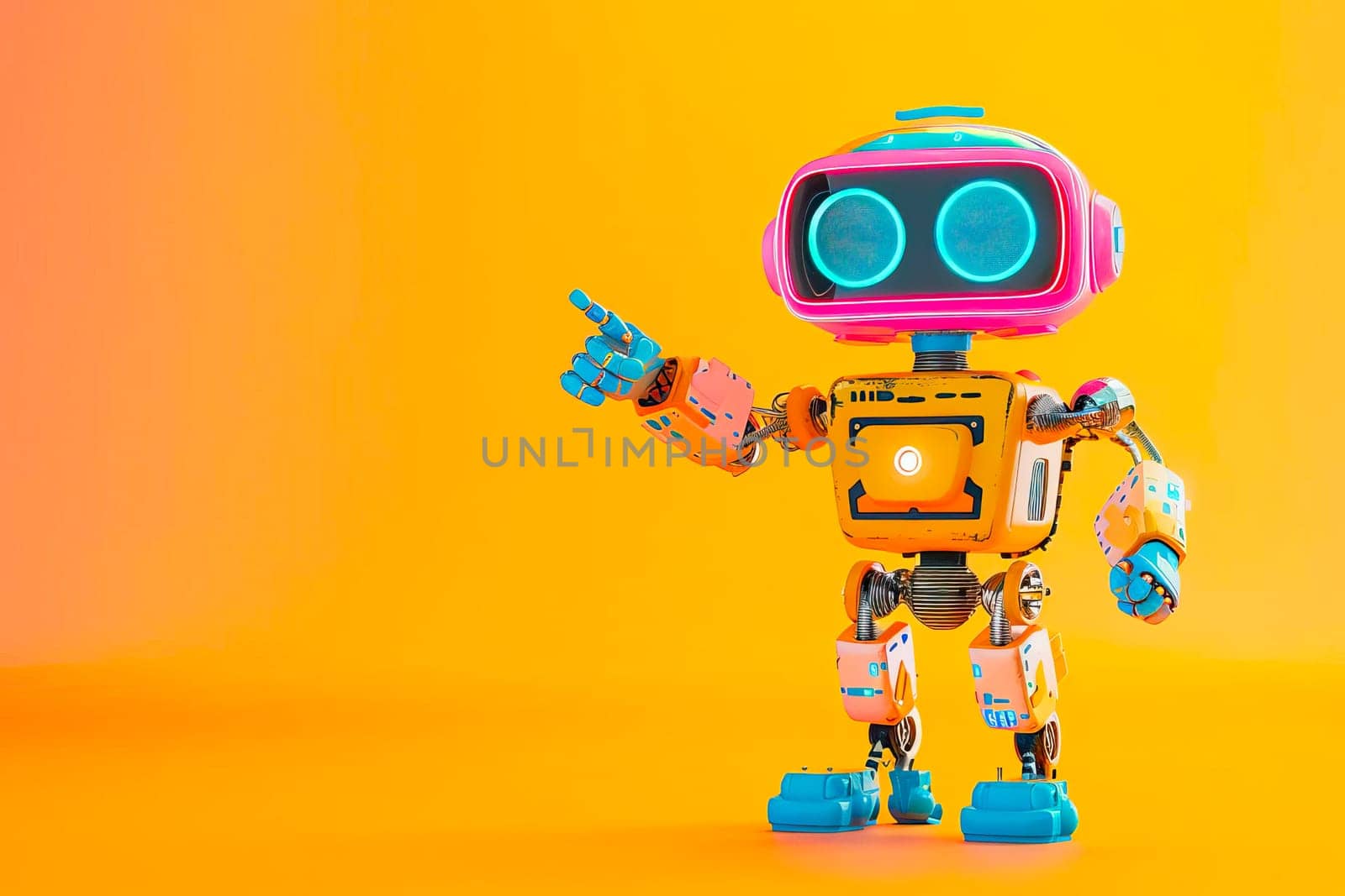 Colorful toy robot is pointing at something