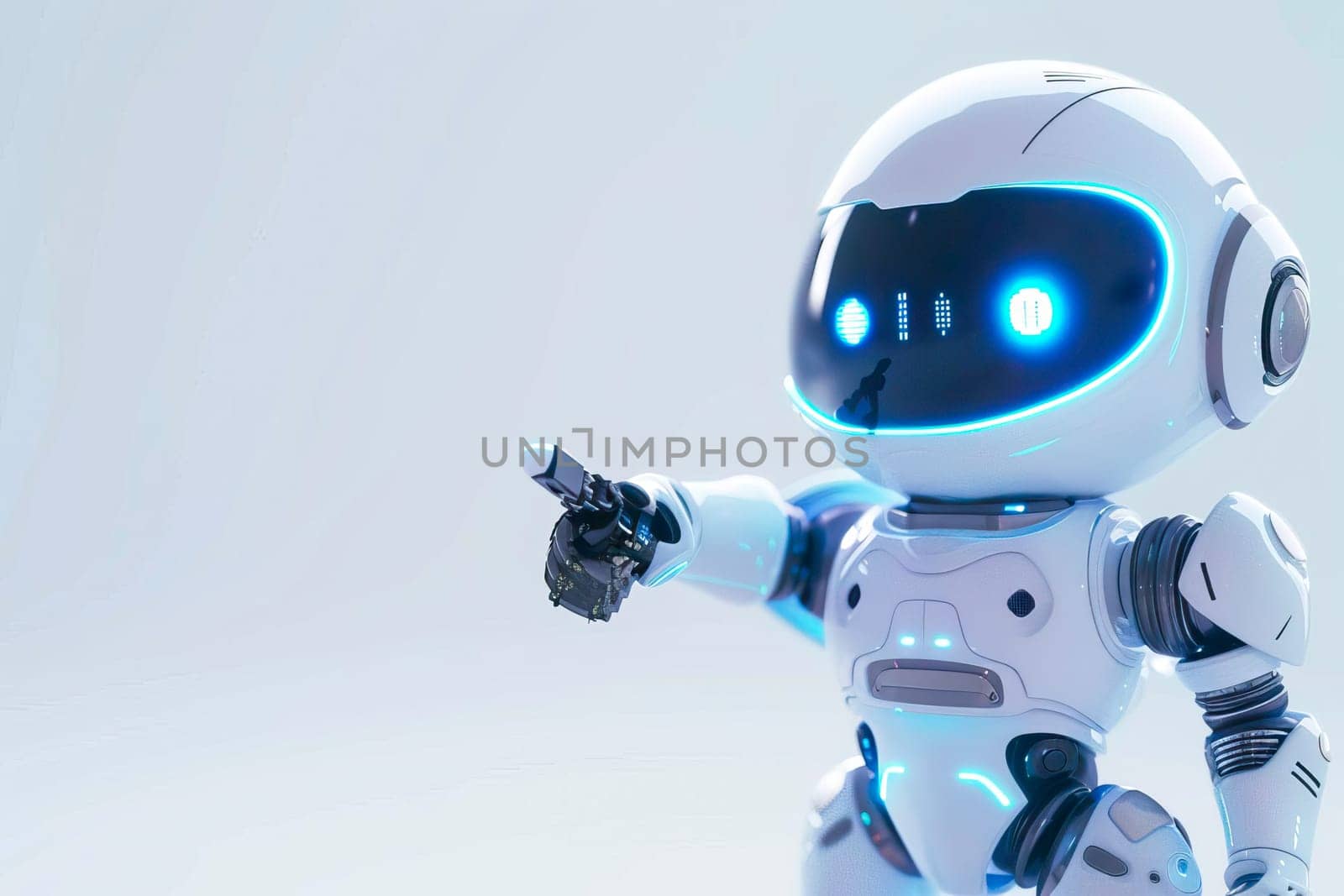 A white robot with blue eyes extends its arm, pointing at something with precision