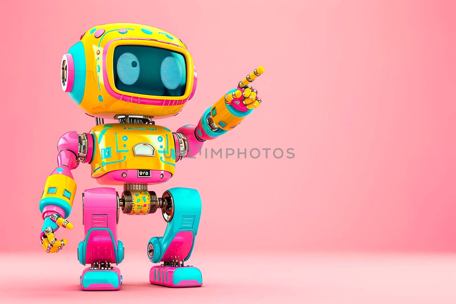 Colorful robot in pink and yellow, pointing somewhere, against a pink backdrop.
