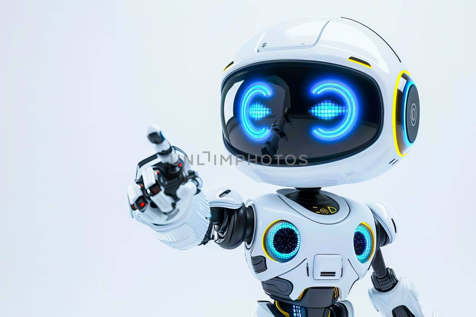 A white robot with a blue light illuminated on its face points at something off-camera. by vladimka