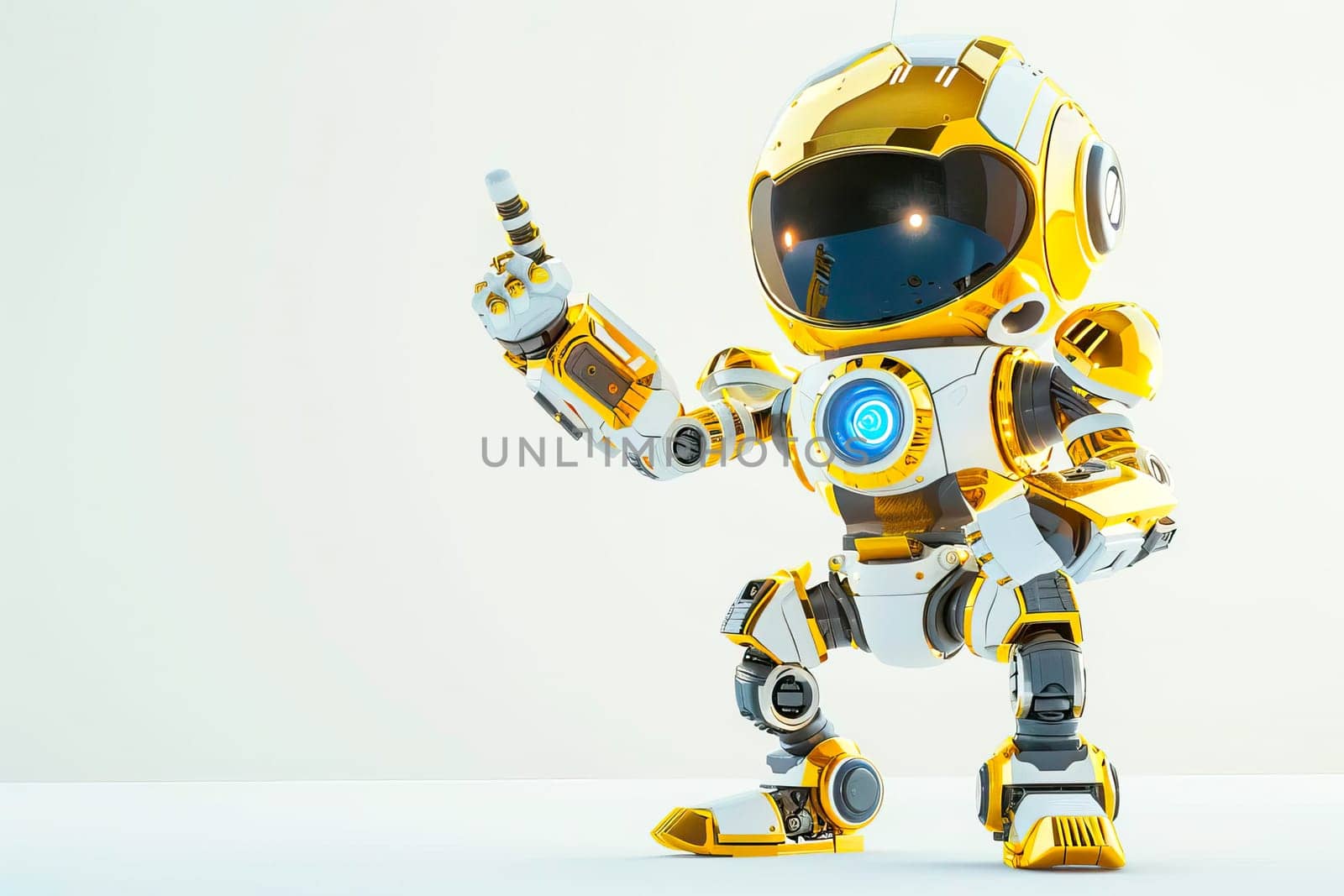 A positive cute robot with yellow and white colors is pointing at something.