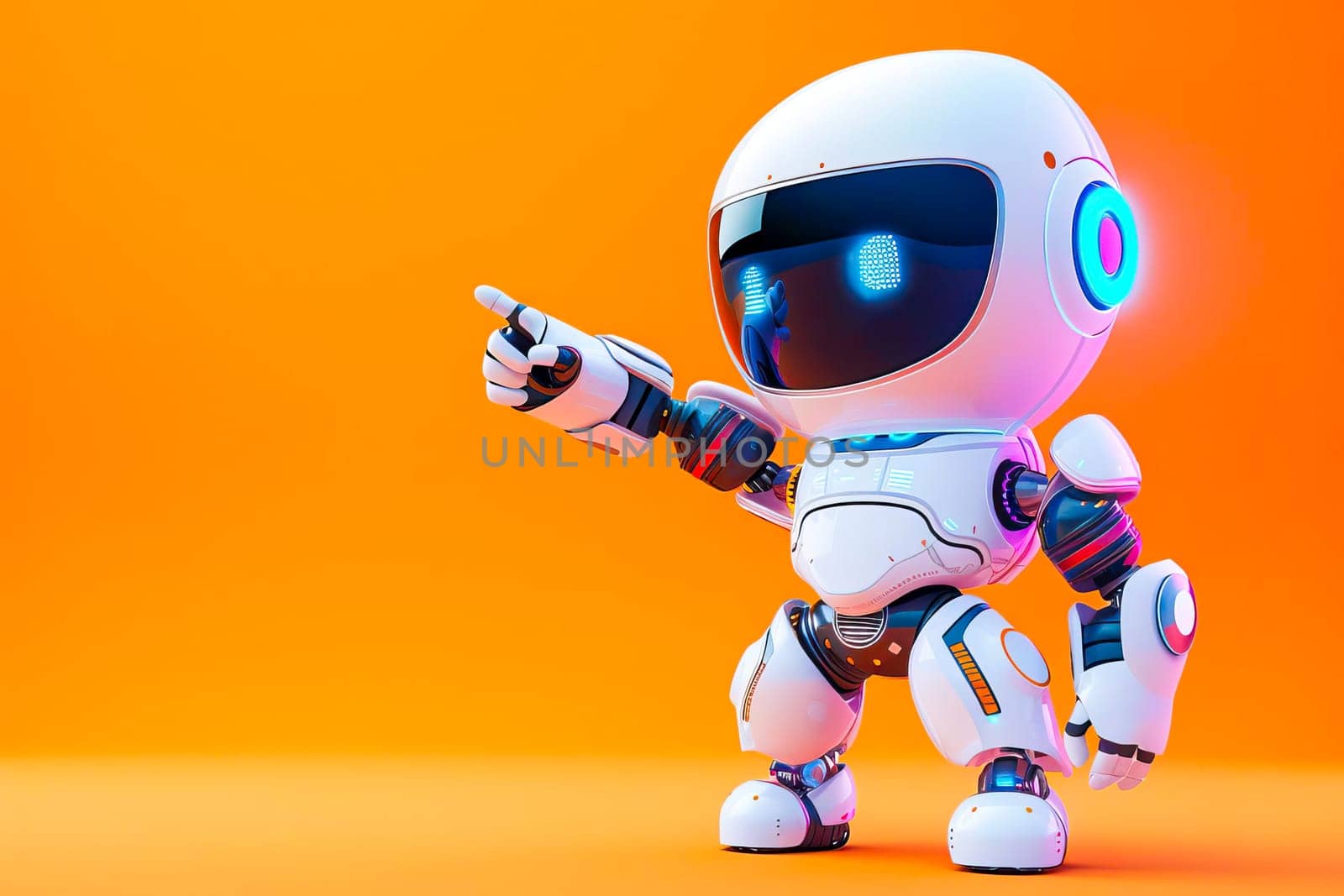 Positive cute robot pointing at something on vibrant orange background.