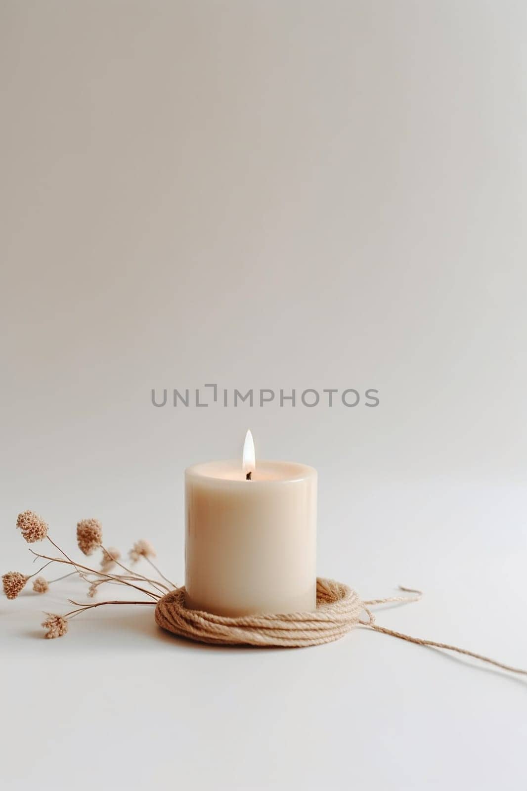 A lit candle on a coiled rope with dried flowers against a neutral background.