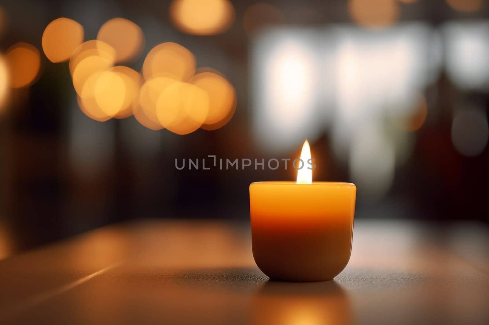 A single lit candle with a warm glow on a blurred background.