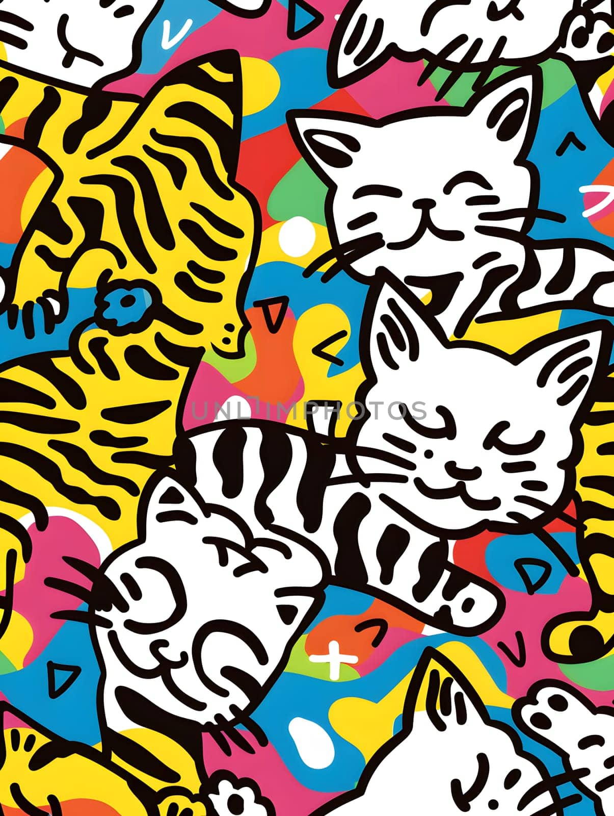 A pile of small to mediumsized cats on colorful textile background by Nadtochiy