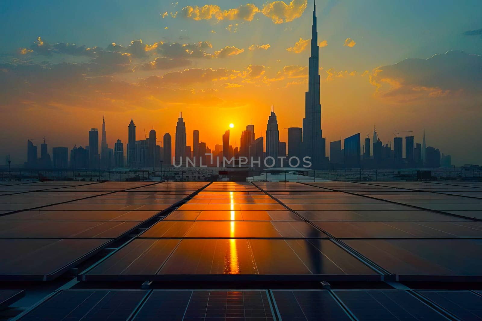 A solar panel is absorbing sunlight with the setting sun in the background.